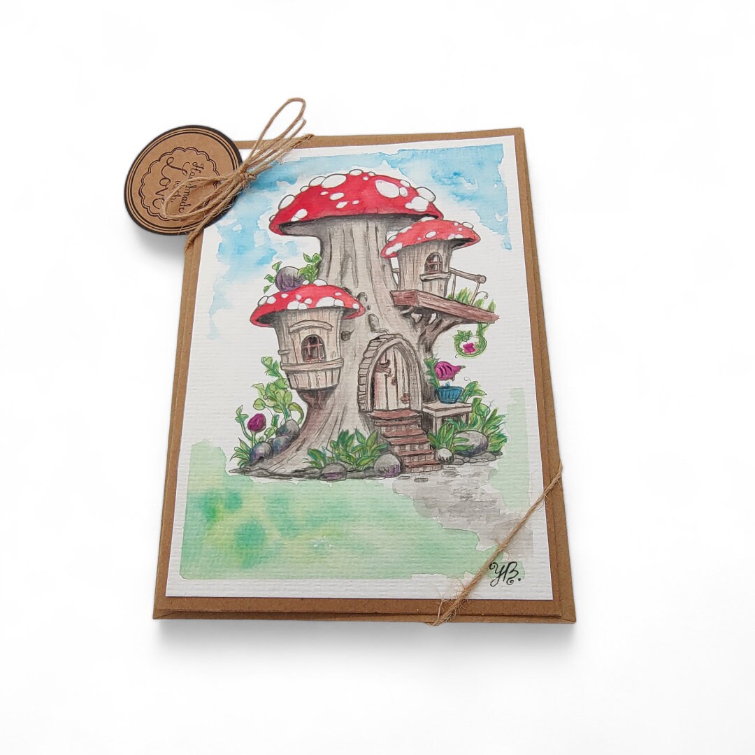 Grußkarte Glückwunschkarte mit Aquarell handbemalt "Pilz Haus Wichtelheim" für Geldgeschenke Gutscheine  #1681918980