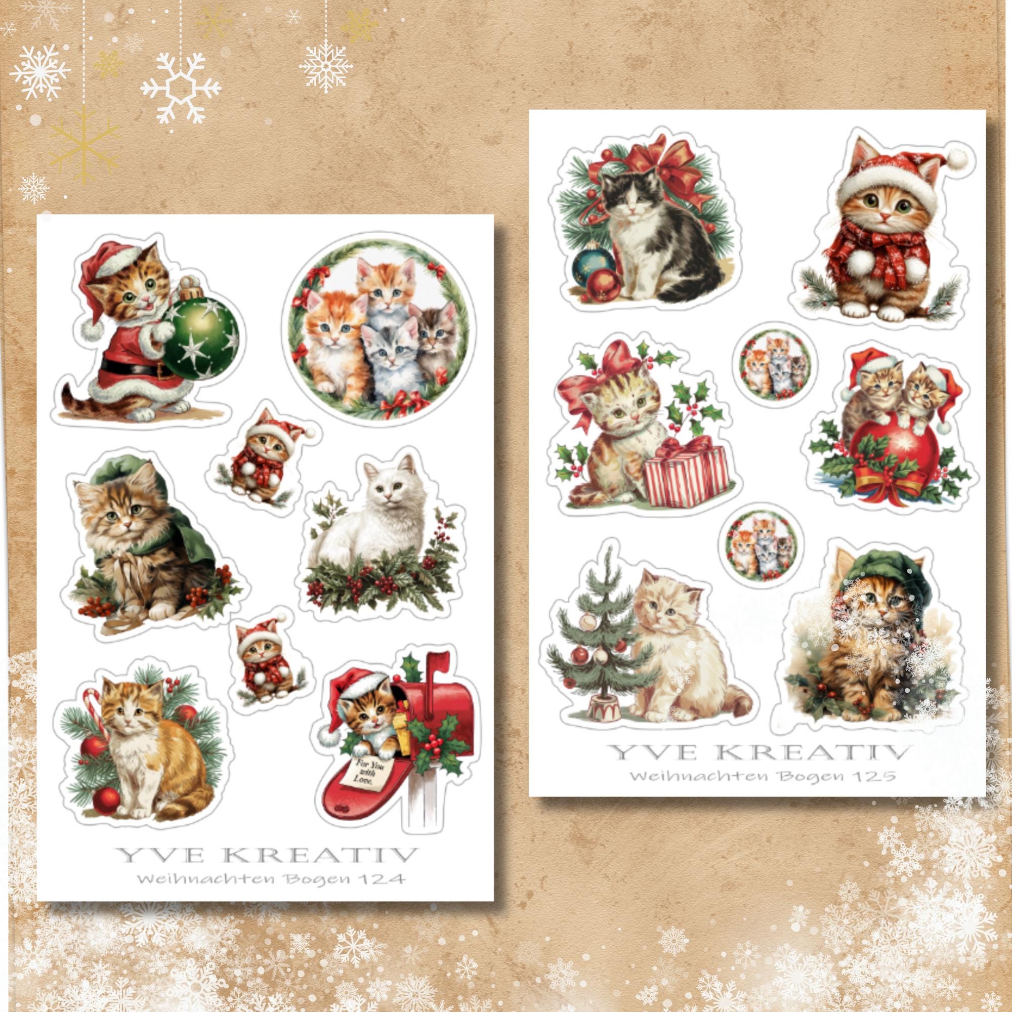 Aufkleber, Weihnachts Katzen, Sticker - 2 Stickerbogen zur Auswahl in Weiß - Transparent - Matt - Glanz  #SBA6