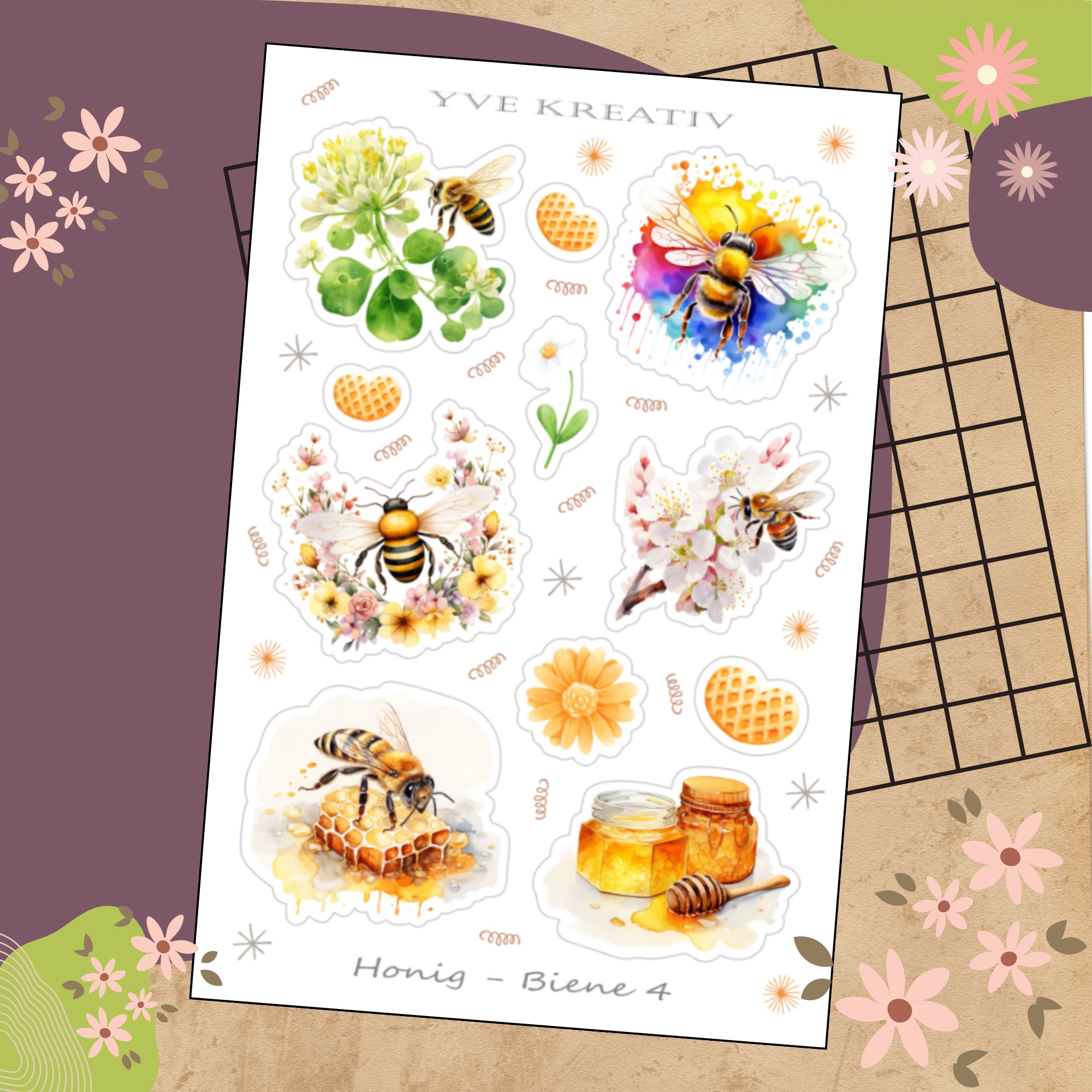 Sticker Bogen " Biene Honigbiene Honig " | 11 Aufkleber Sticker Set Stickerbogen  -  Weiß - Transparent - Matt - Glanz