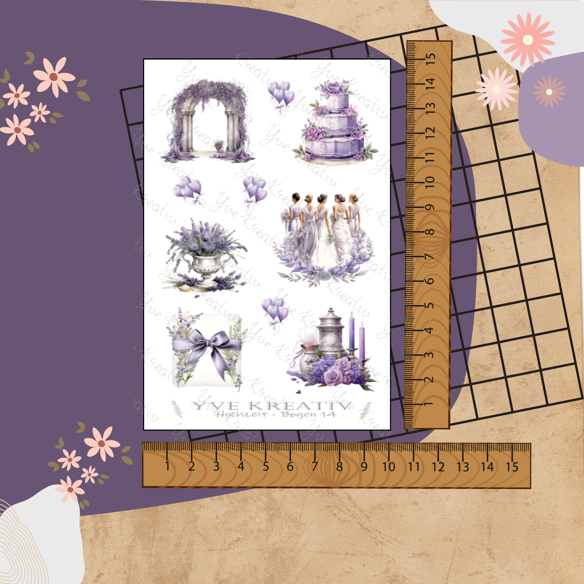 Sticker Bogen "Lavendel Hochzeit" | Sticker Set - Aufkleber 3 Stickerbogen zur Auswahl in Weiß - Transparent - Matt - Glanz  #SBA6