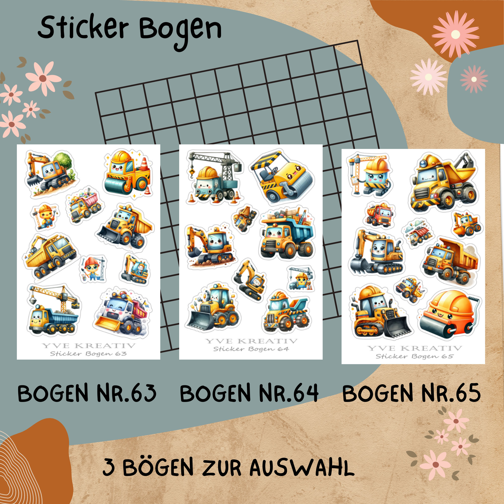 Stickerbogen, Aufkleber, Bagger, Baggerführer, Baustelle, Sticker Set 3 Stickerbogen zur Auswahl in Weiß - Transparent - Matt - Glanz  #SBA6