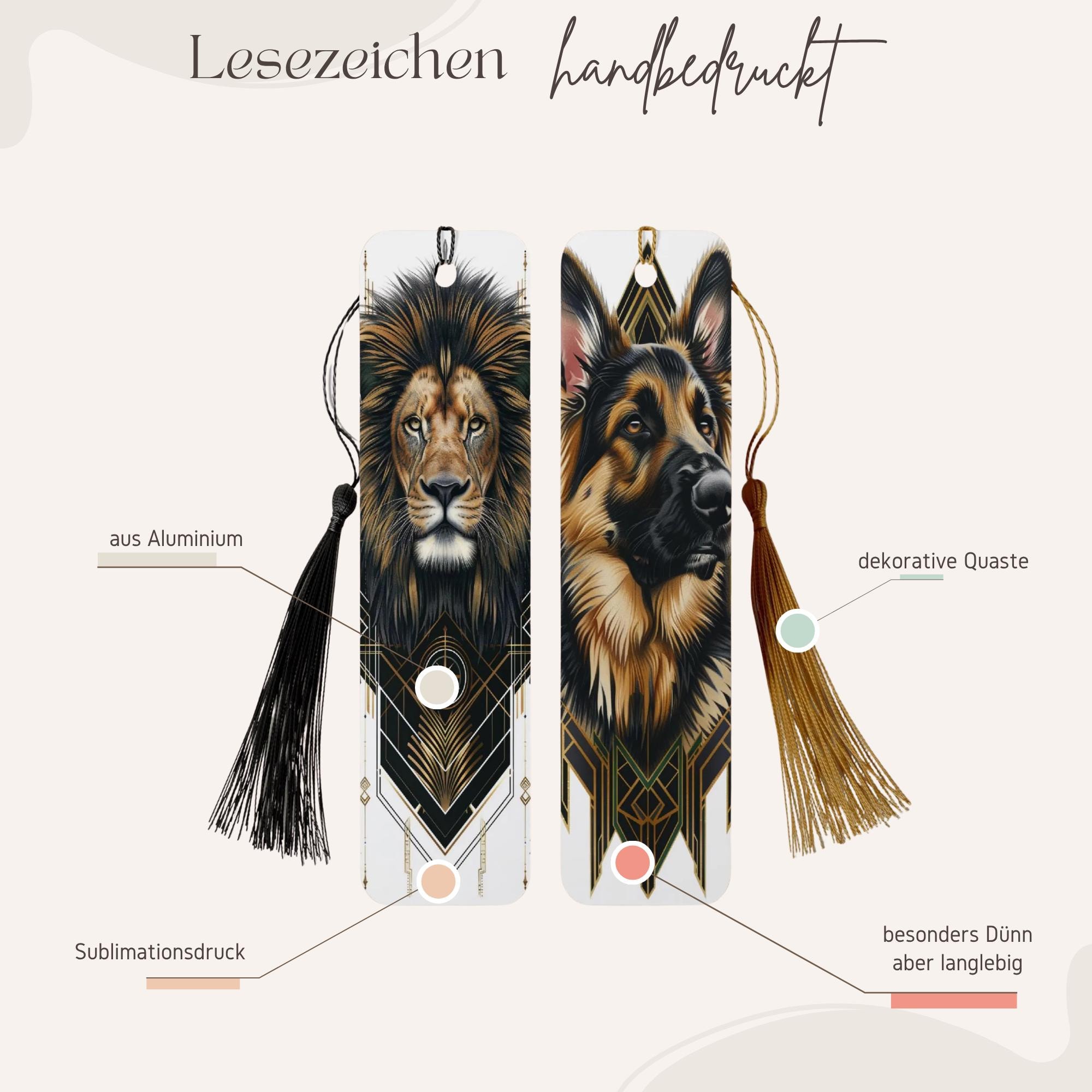 Lesezeichen aus Metall Schäferhund Geschenk Bücherzeichen Löwe Mitbringsel Tierliebhaber Bookmark Art Déco Stil -2 Motive zur Auswahl #LEALU