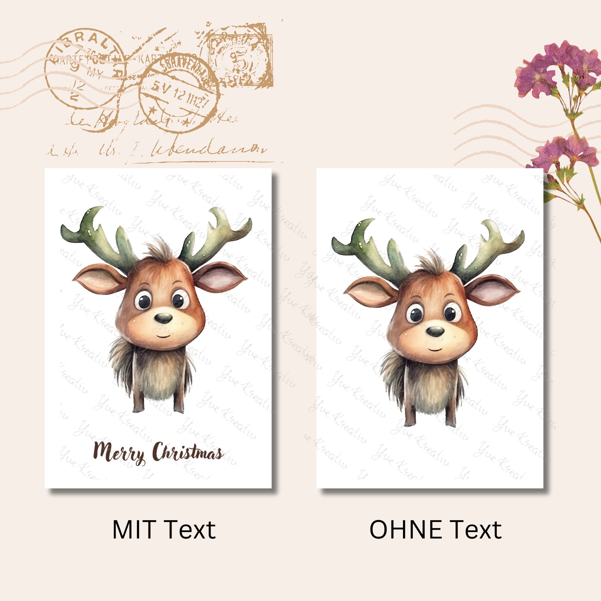 Postkarte, Grußkarte, Weihnachten, Rentier, Weihnachtskarte, Geschenkkarte I MIT oder OHNE Text "Merry Christmas"  #PLS