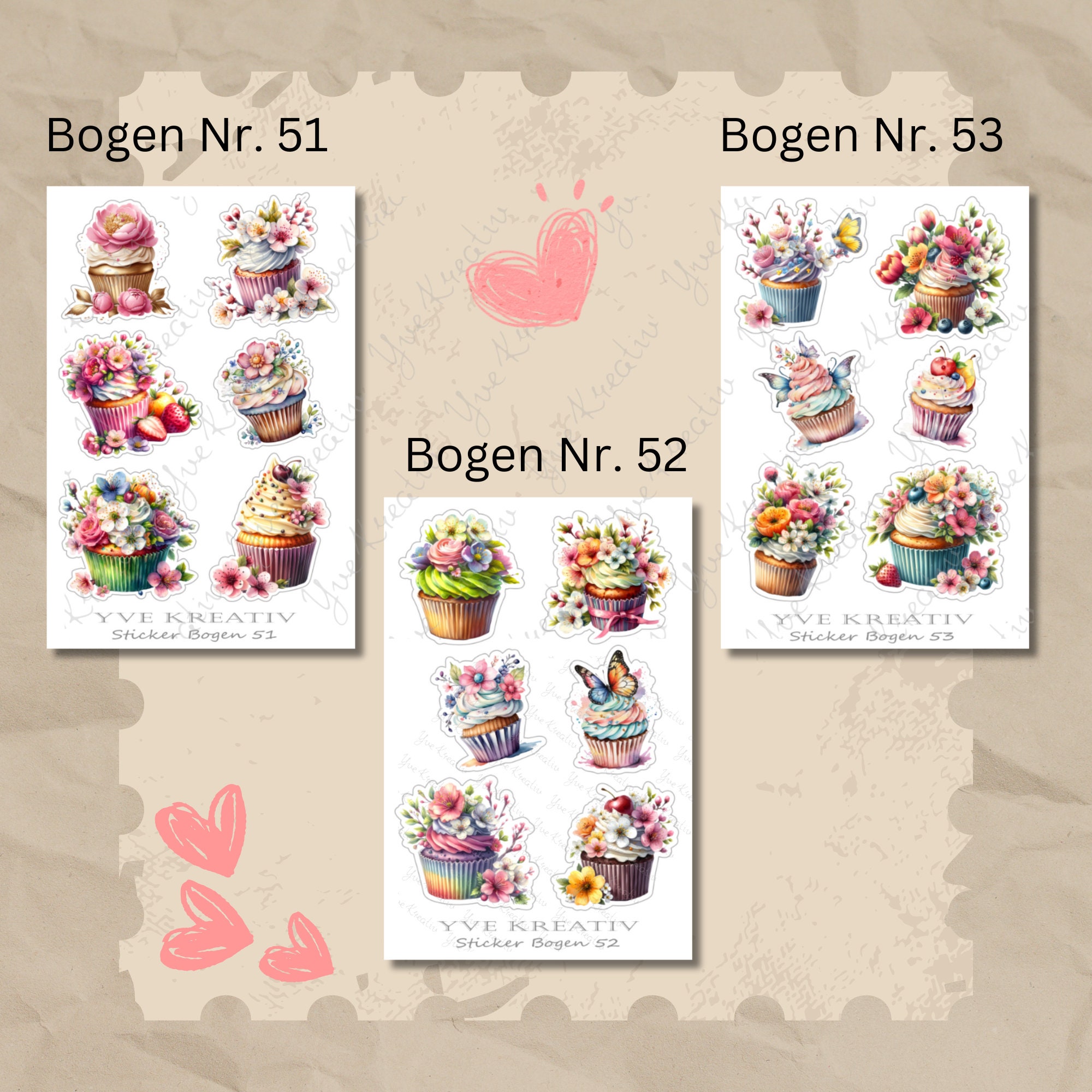 Sticker Bogen, Aufkleber, Cupcake, Muffin | Sticker Set - 3 Stickerbogen zur Auswahl in Weiß - Transparent - Matt - Glanz#SBA6