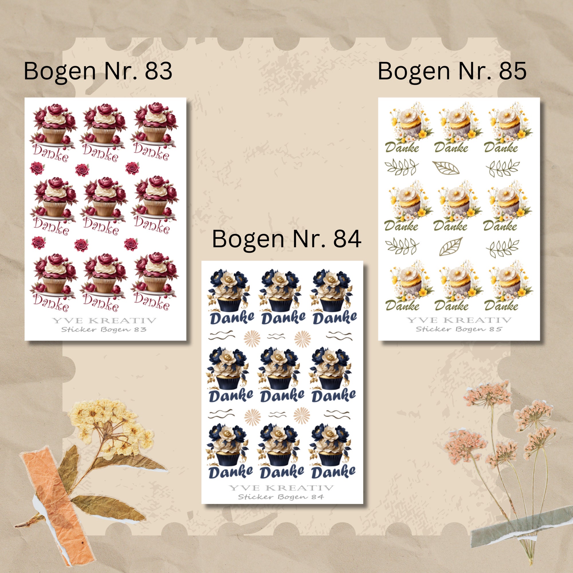 Sticker Bogen, Aufkleber, Cupcake, Muffin, Danke | Sticker Set - 3 Stickerbogen zur Auswahl in Weiß - Transparent - Matt - Glanz  #SBA6