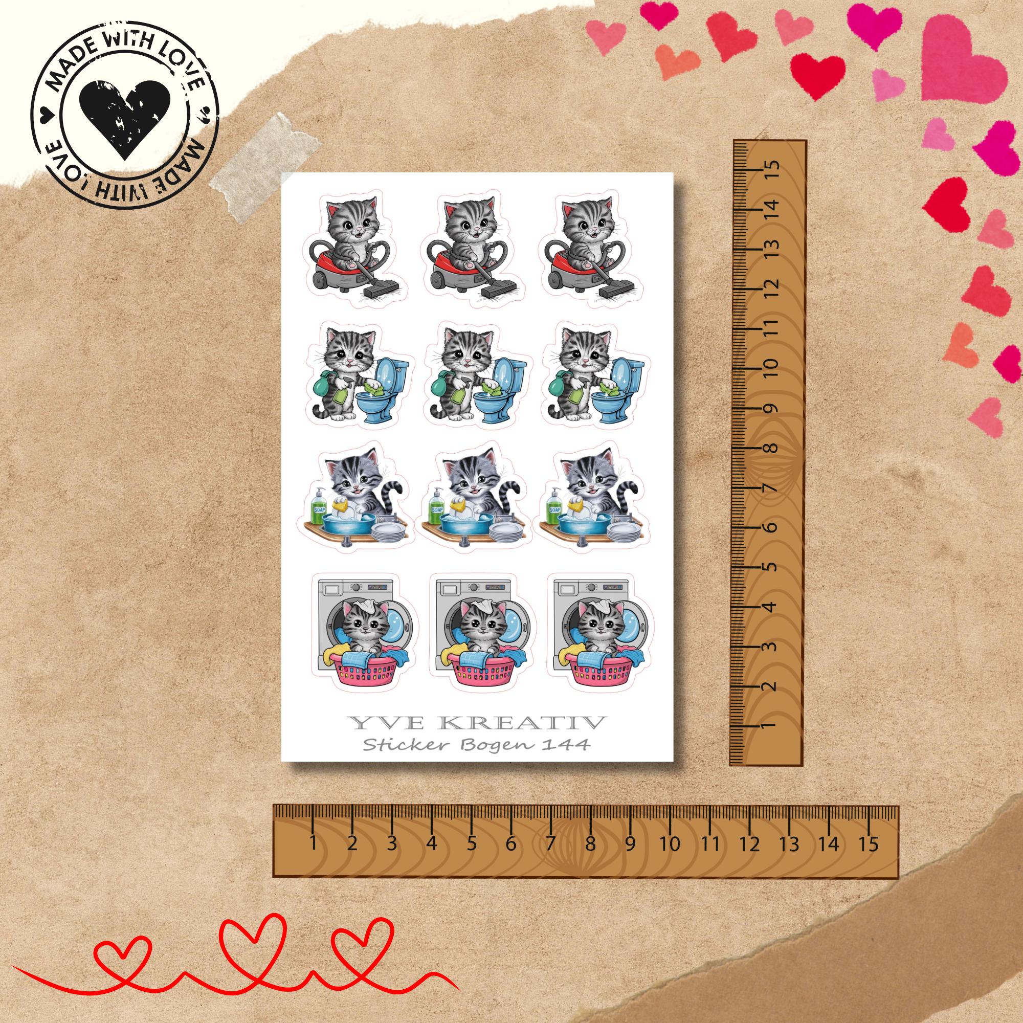 Aufkleber Katze, Hausarbeit, To Do Planeraufkleber Sticker Set - 3 Bögen zur Auswahl in Weiß - Transparent - Matt - Glanz  #SBA6