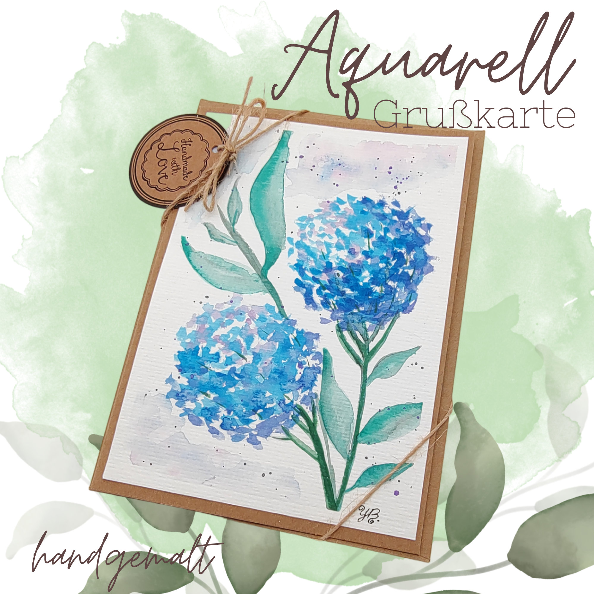 Grußkarte Glückwunschkarte mit Aquarell handbemalt " Hortensie Blume " für Geldgeschenke Gutscheine