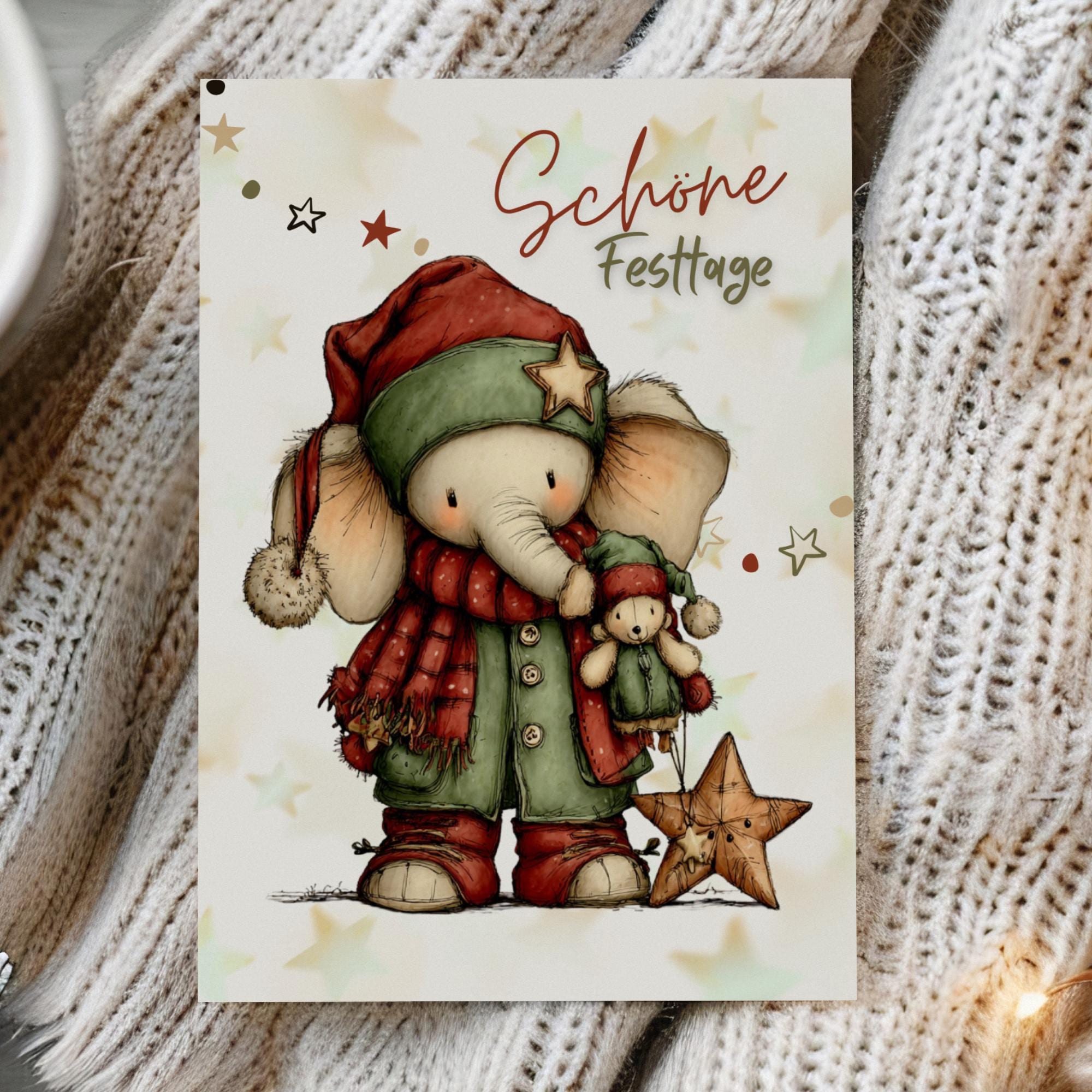 Postkarte niedlicher Weinachts Elefant Grußkarte Karte zu Weihnachten Weihnachtskarte Geschenkkarte Leinenstruktur Karte A6 #PWE184