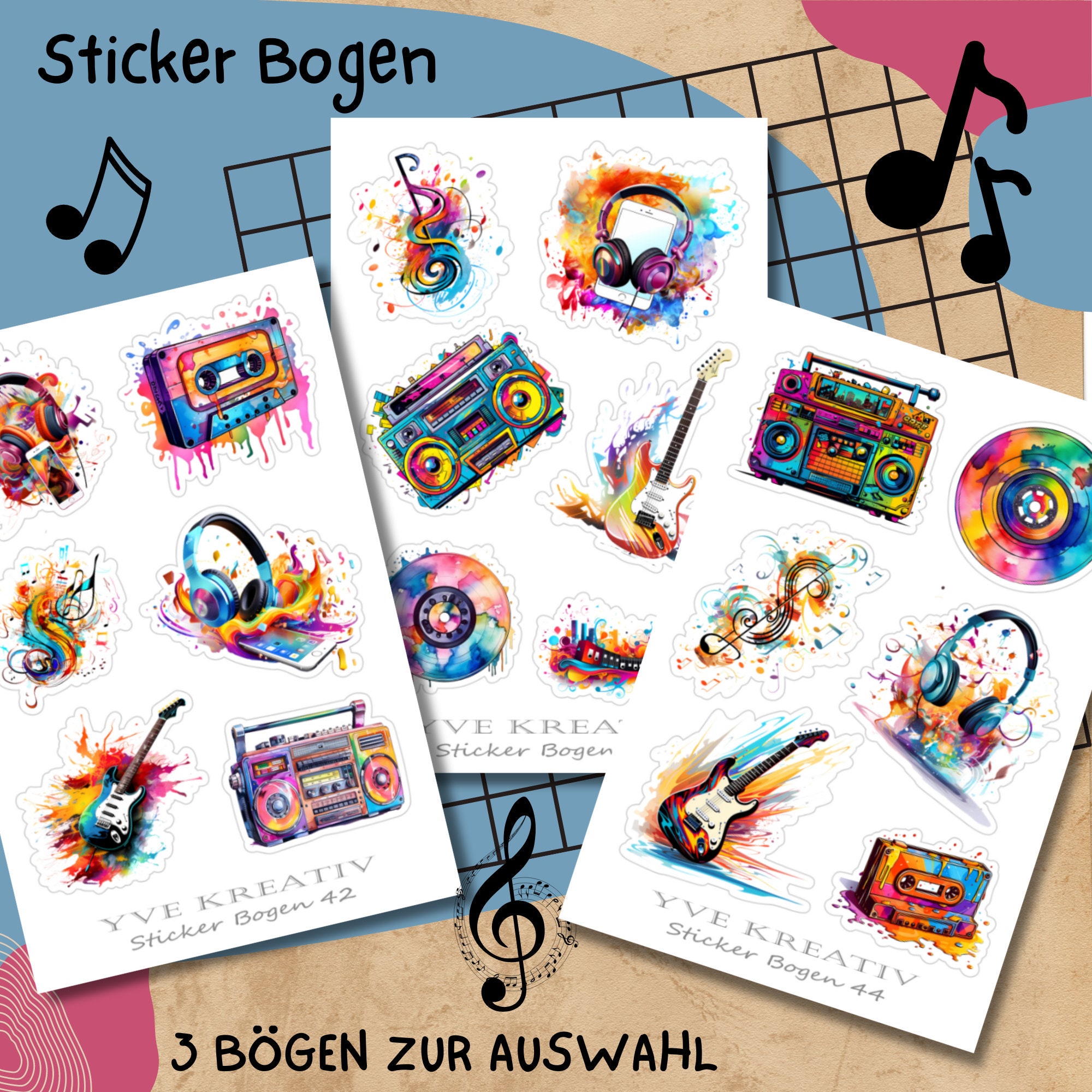 Sticker Bogen, Musik Instrumente, Sticker Set, Aufkleber, 3 Stickerbogen zur Auswahl in Weiß - Transparent - Matt - Glanz#SBA6