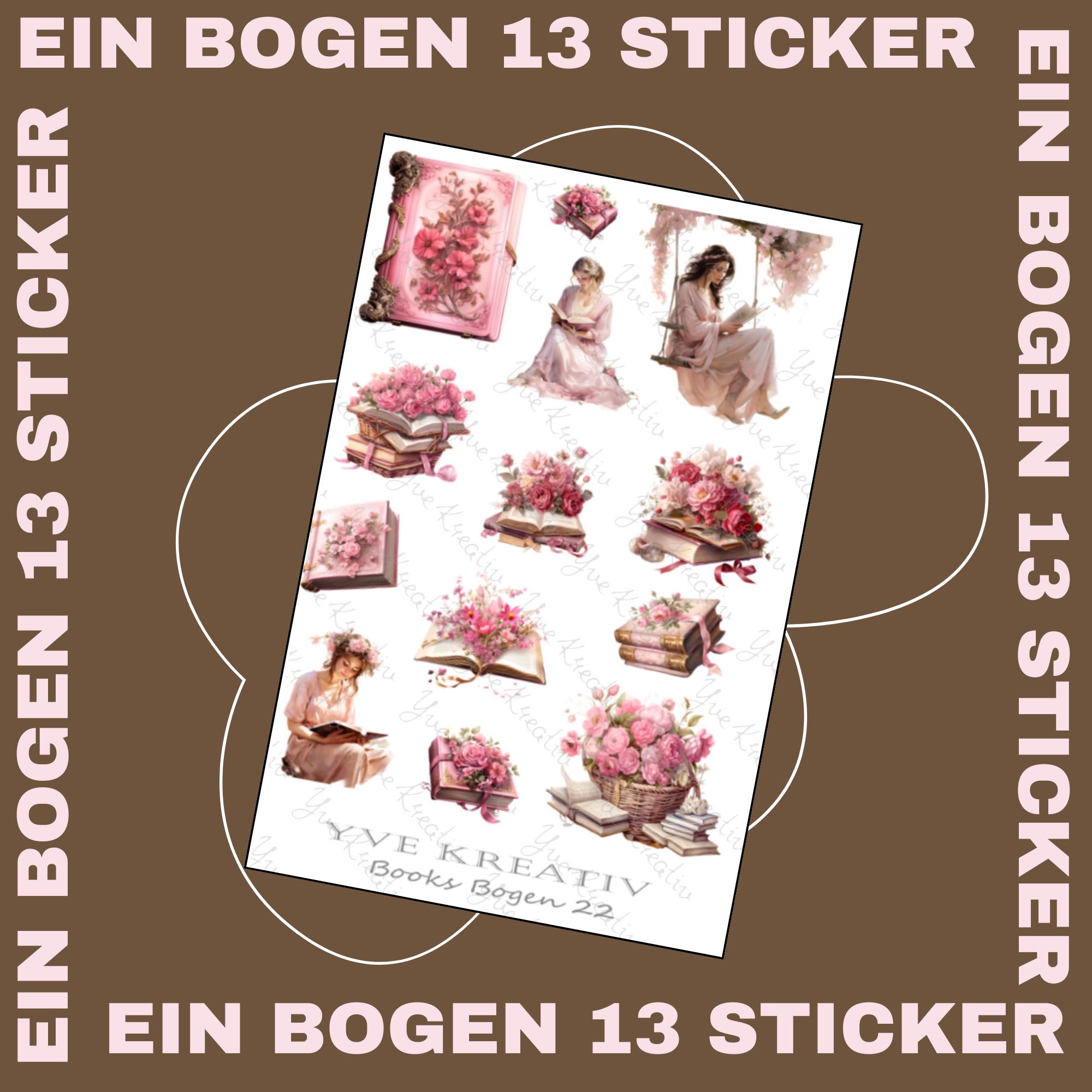 Sticker Bücher romantische Aufkleber rosa  13 Sticker Set Stickerbogen  -  Weiß - Transparent - Matt - Glanz  #SBA6