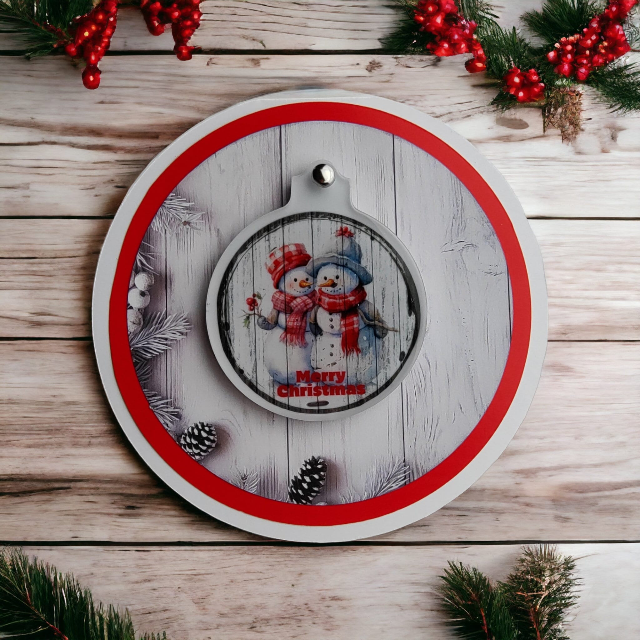 Weihnachtskugel Weihnachtsschmuck Baumanhänger Christmas Ornaments auf einer runden Weihnachtskarte inkl. Kuvert