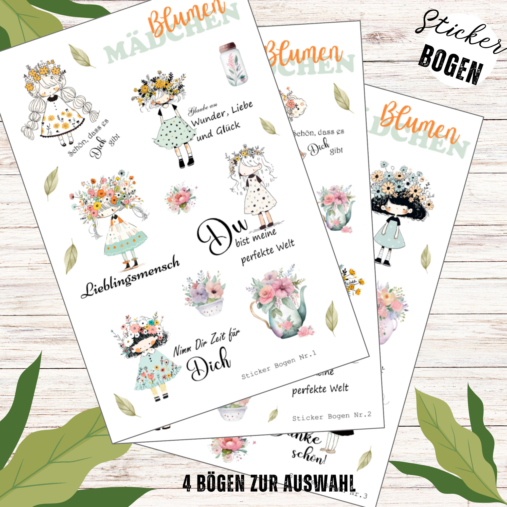 Sticker Bogen - Blumen Mädchen | Sticker Set - Journal Sticker - Aufkleber 3 Bögen zur Auswahl in Weiß oder Transparent