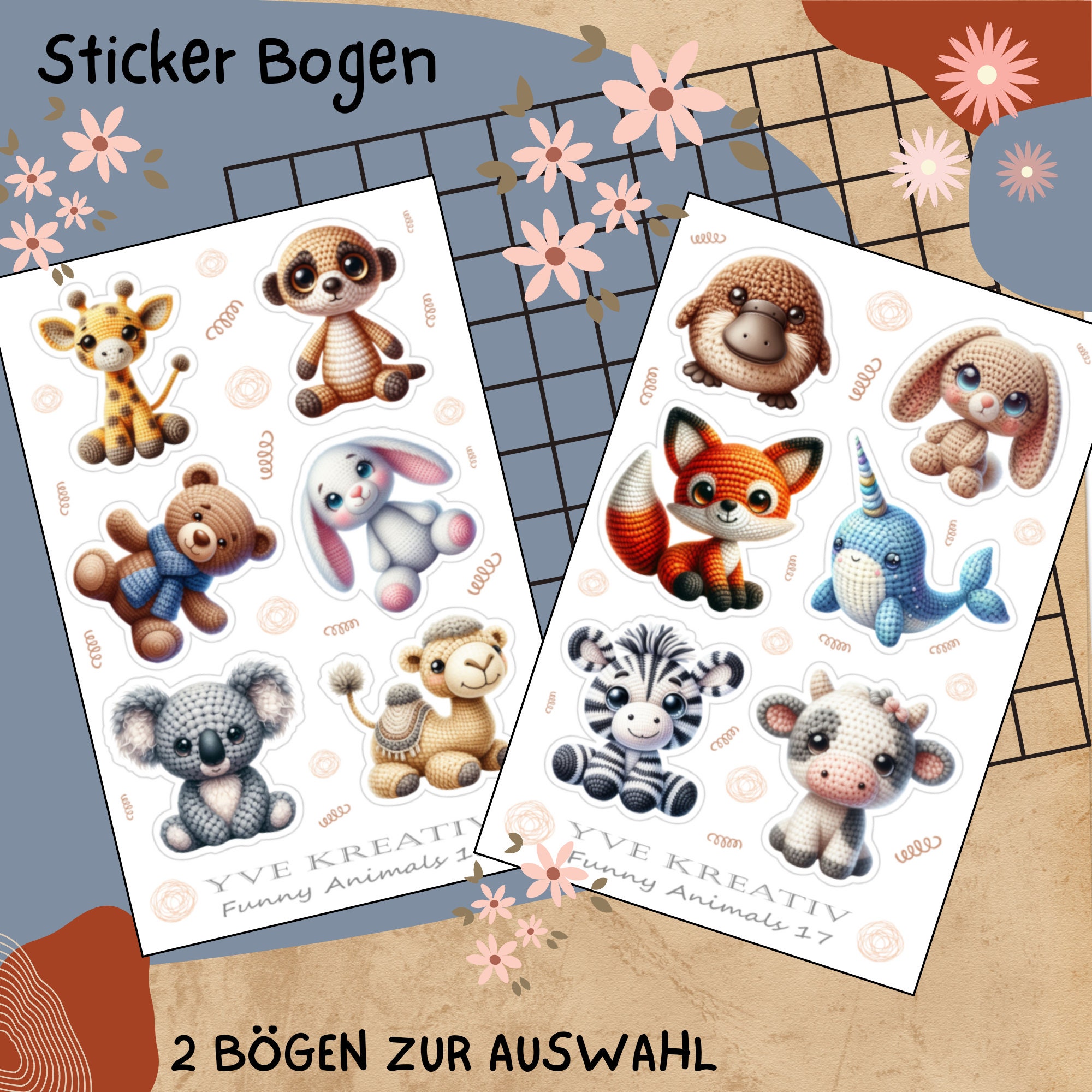 Aufkleber, Sticker Bogen, Häkeltiere, Funny Animals, Sticker Set - 2 Stickerbogen zur Auswahl in Weiß - Transparent - Matt - Glanz#SBA6