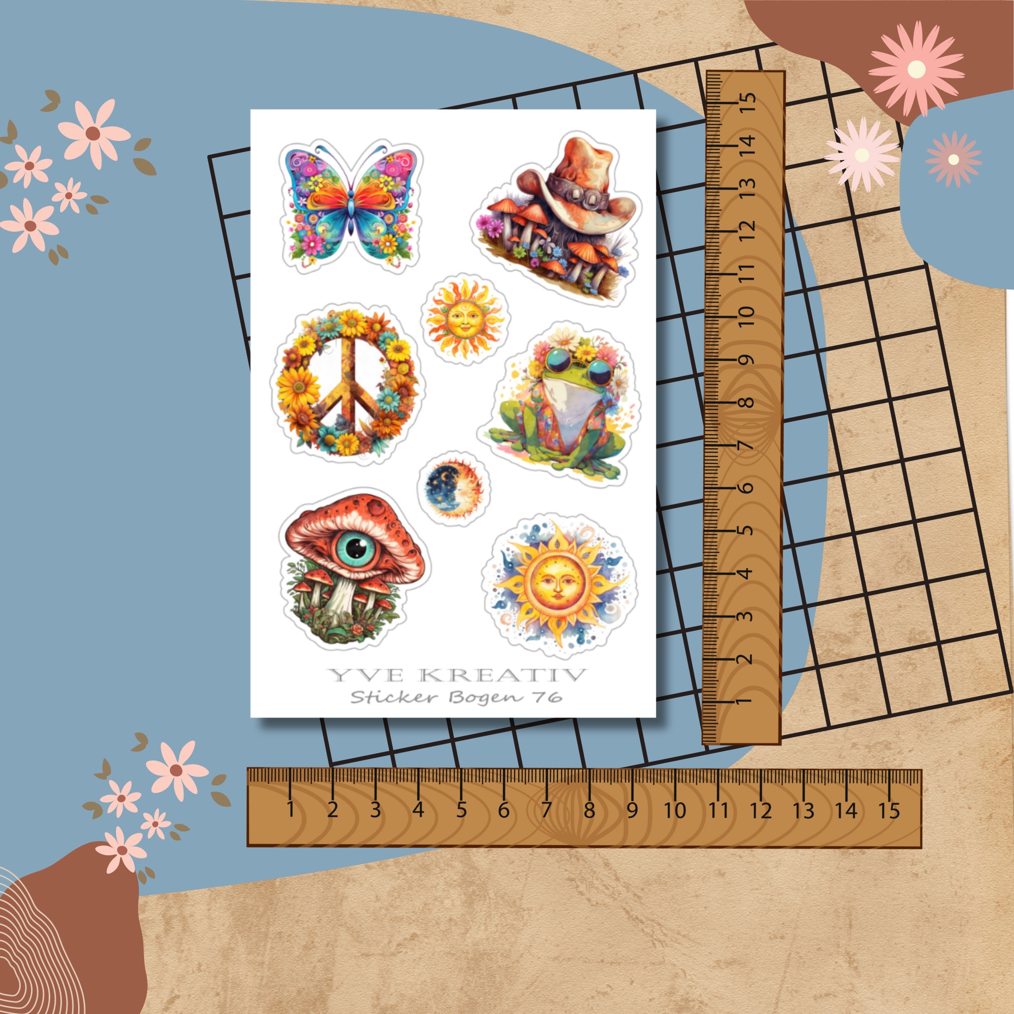 Sticker Bogen, Aufkleber - Peace, Love, Hippie | Sticker Set - 3 Stickerbogen zur Auswahl in Weiß - Transparent - Matt - Glanz  #SBA6
