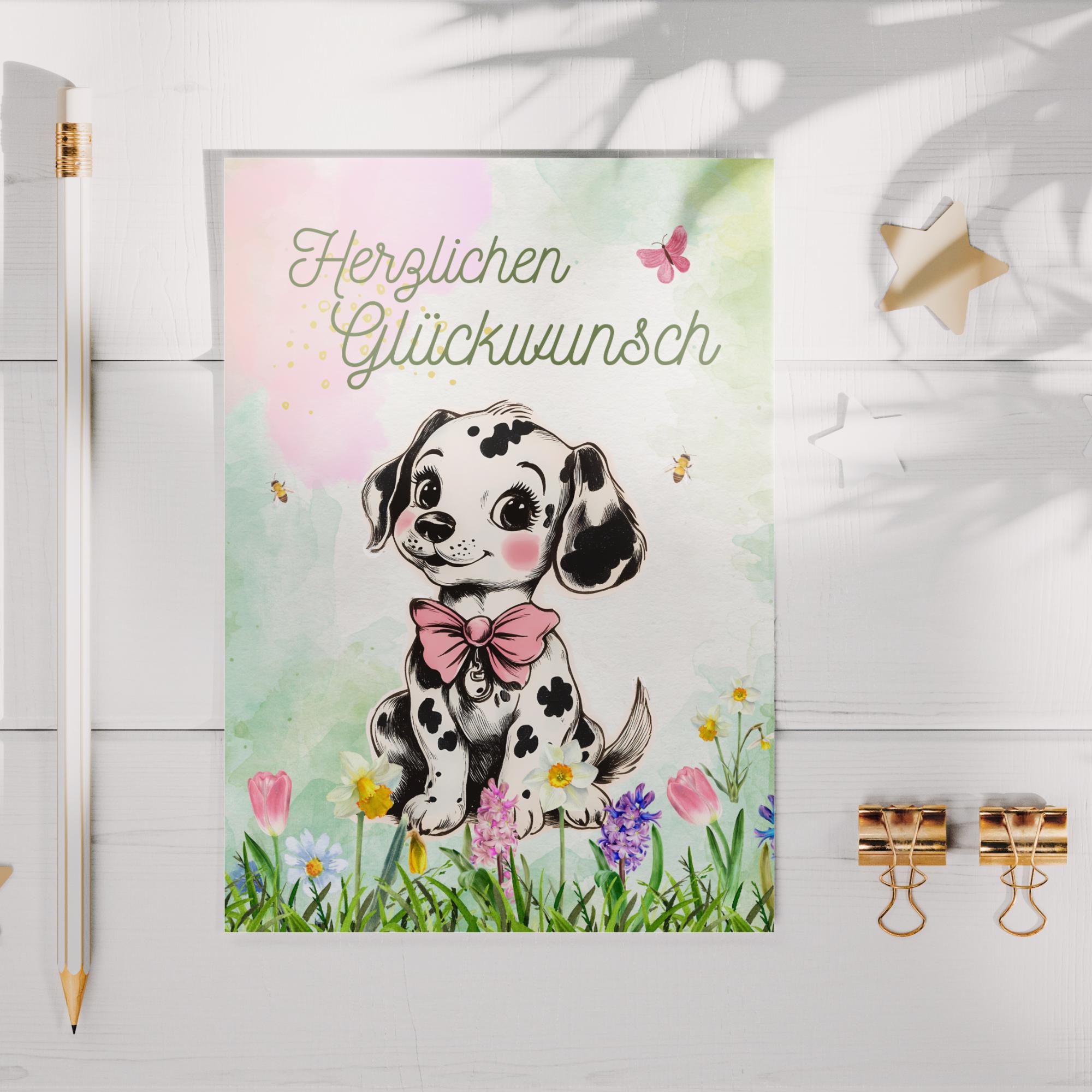 Postkarte zum Geburtstag, Grußkarte, Karte mit Hund, Dalmatiner, Grußkarte Herzlichen Glückwunsch auf DIN A6 Karte mit Glanzoberfläche #PHO