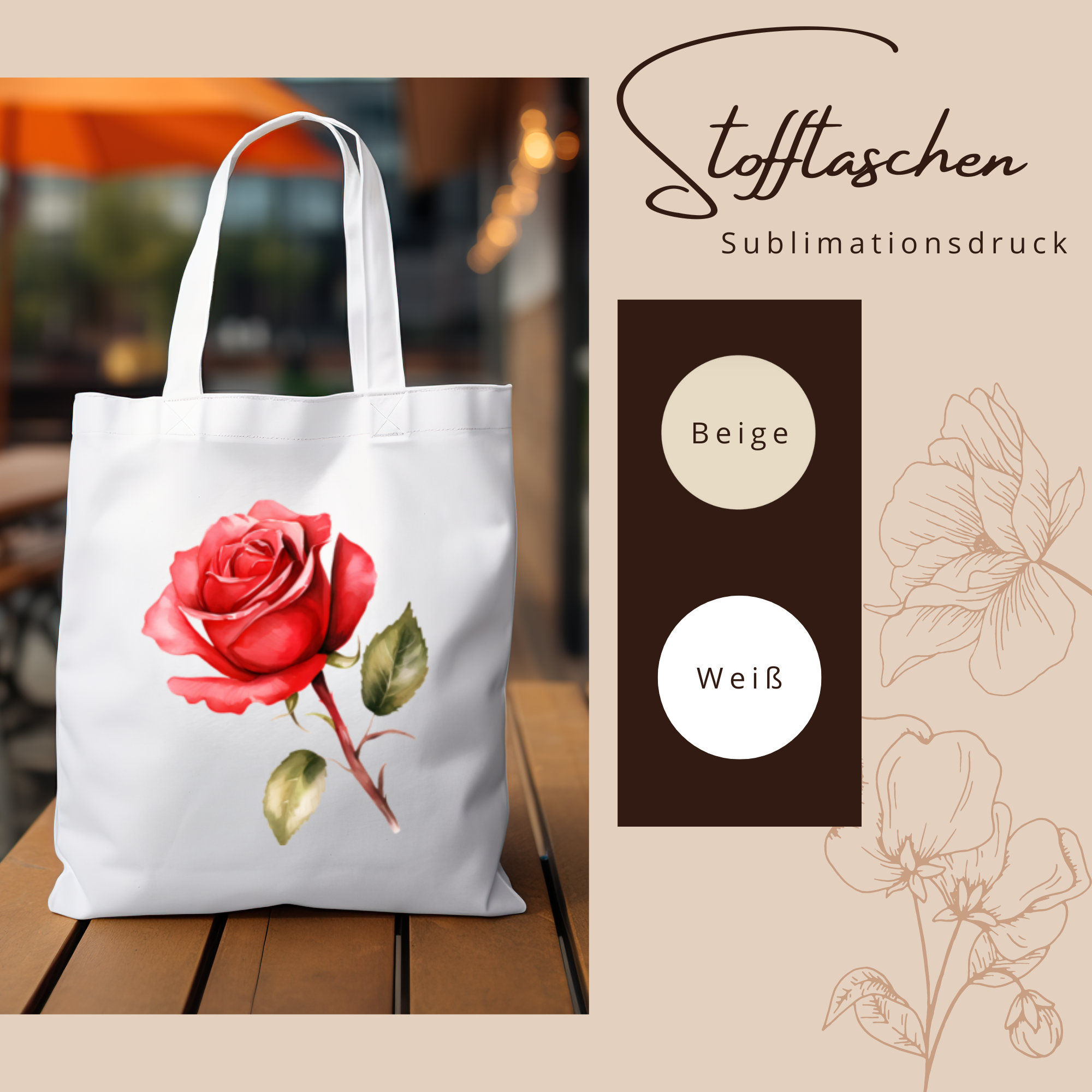 Stofftasche, Stoffbeutel, Einkaufstasche, Tasche, Geschenk  zum Muttertag, Geburtstag, in Weiß oder Beige "Rose, Blüte, Rot"
