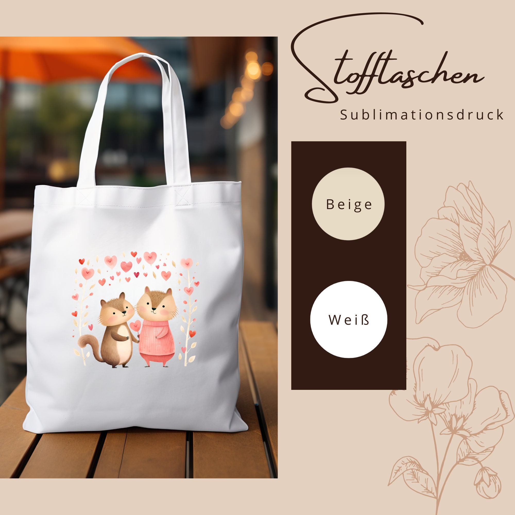 Stofftasche Stoffbeutel " Cute Couple Love " Einkaufstasche Tasche als Geschenk in Weiß oder Beige