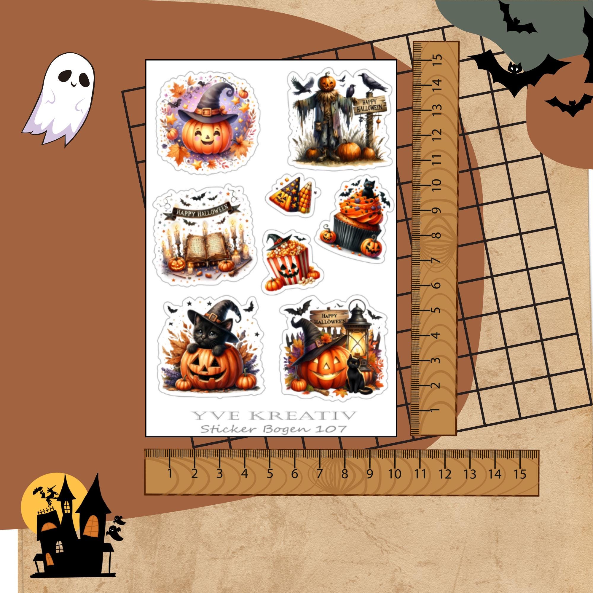 Halloween Stickerbogen, Grusel Aufkleber, Kürbis und Vampire Sticker Set, 3 Bögen zur Auswahl in Weiß - Transparent - Matt - Glanz  #SBA6