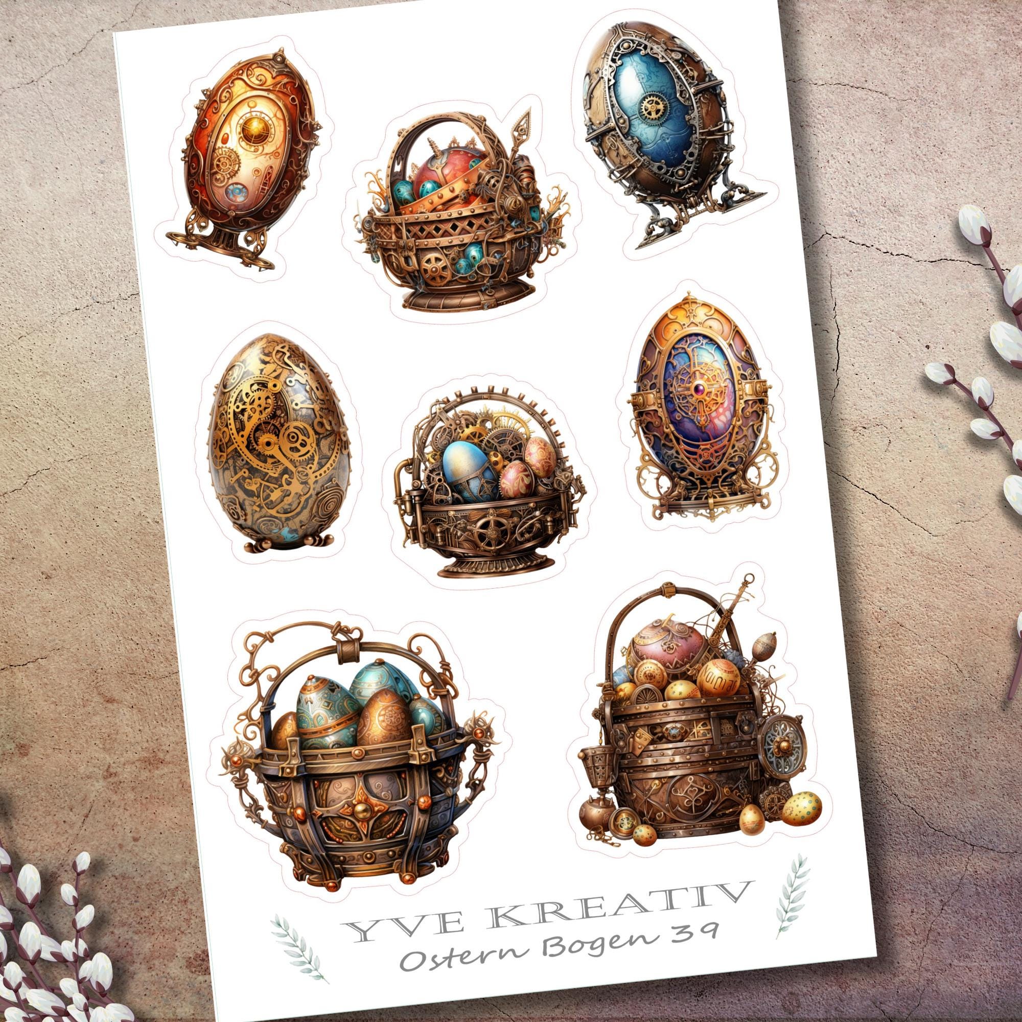 Stickerbogen Aufkleber "Ostern, Ostereier - Steampunk" | Sticker Set - Sticker Bogen zur Auswahl in Weiß - Transparent - Matt - Glanz  #SBA6
