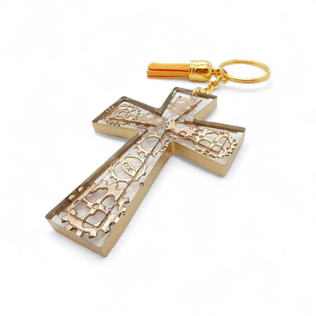 Schlüsselanhänger Kreuz aus Epoxidharz mit einer kleinen Quaste Geschenk Kommunion Konfirmation  #1673241689
