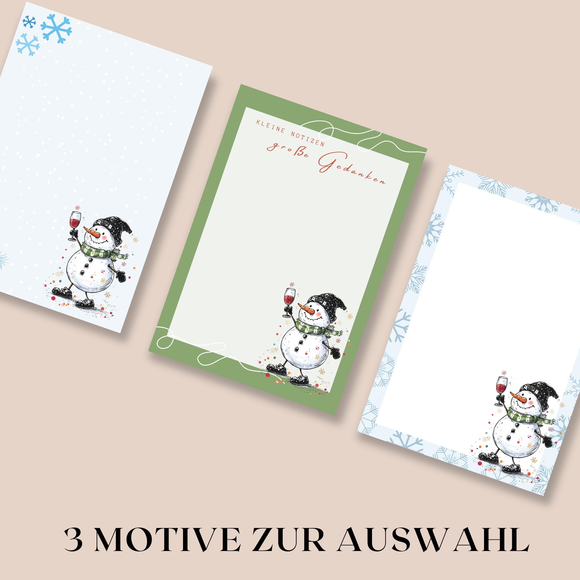 Notizblock 50 Zettel, 3 "Schneemann mit Wein" Motive zur Auswahl, A6 Block Schreibblock Zettelblock Abreisblock mit Leimbindung  #A6K50