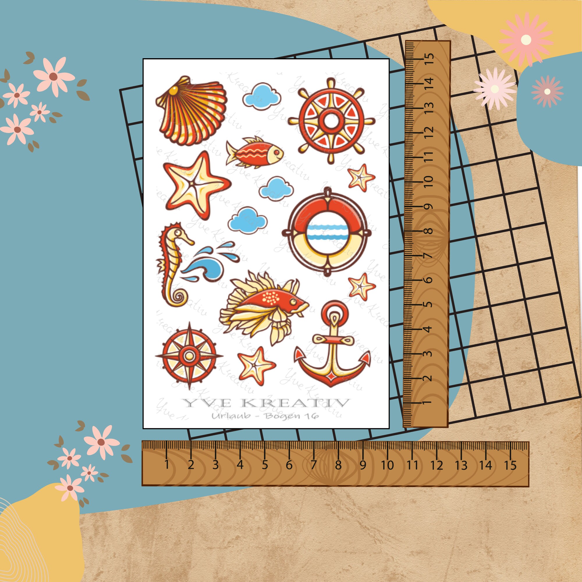 Aufkleber Sticker Maritim Urlaub Strand Reise | 15 Aufkleber Stickerbogen  Set  -  Weiß - Transparent - Matt - Glanz #SBA6
