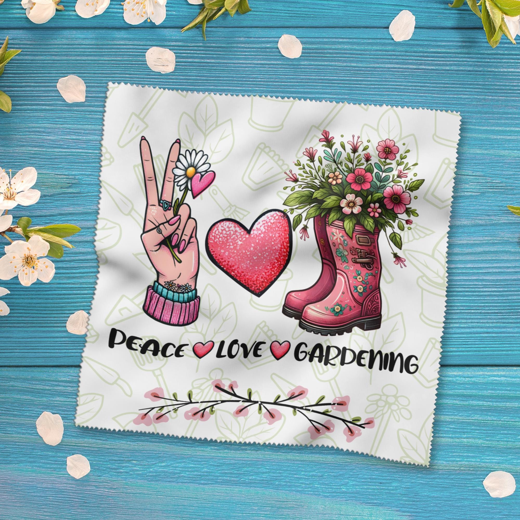 Brillenputztuch Garten Geschenk Peace Love bedrucktes Mikrofasertuch für Brillen Displays Mitbringsel Freundin Geschenkidee #MO14