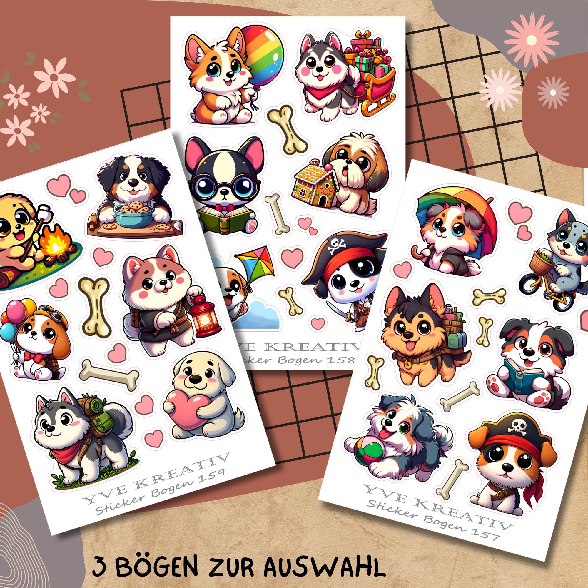 Aufkleber, Sticker Bogen, Hunde, Kawaii Dogs| Sticker Set - 3 Stickerbogen zur Auswahl in Weiß - Transparent - Matt - Glanz #SBA6