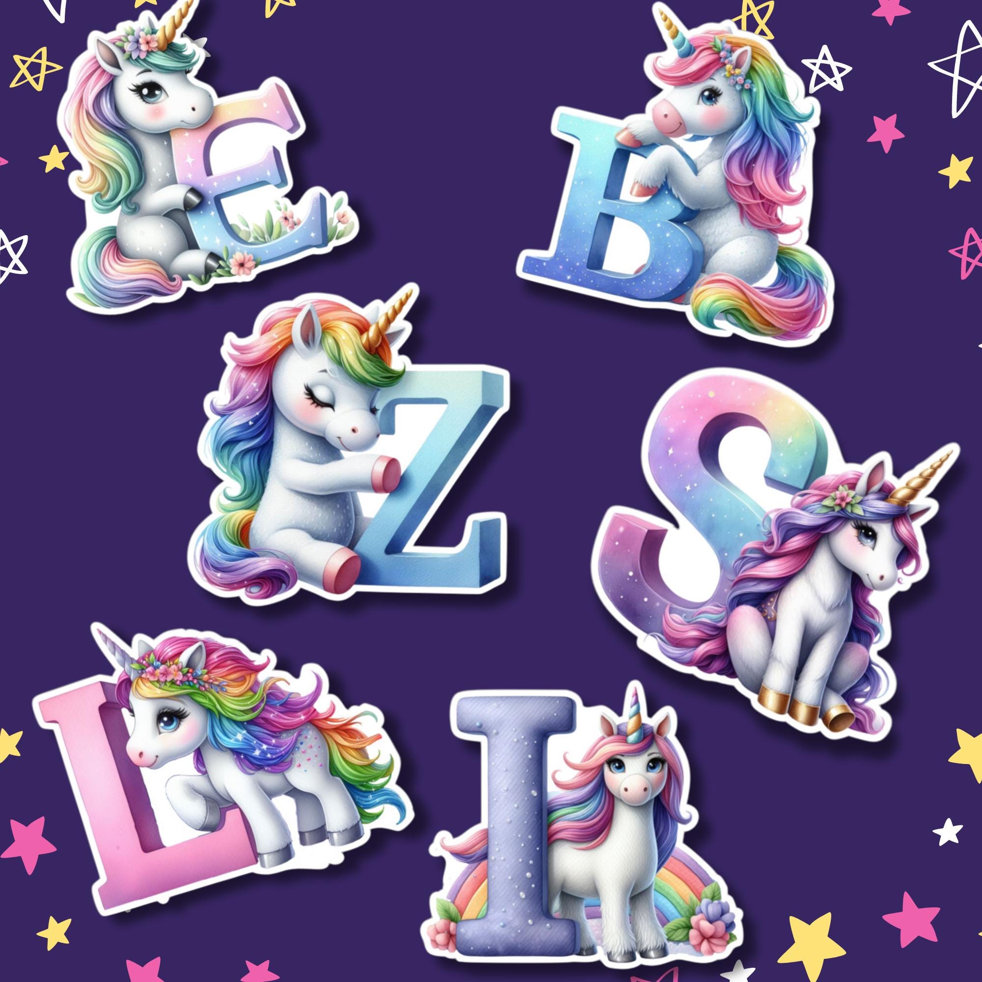 Großer Aufkleber, ABC Sticker, Einhorn, Regenbogen, Kinder, Schule, zur Auswahl in Weiß oder Transparent  #SEG8