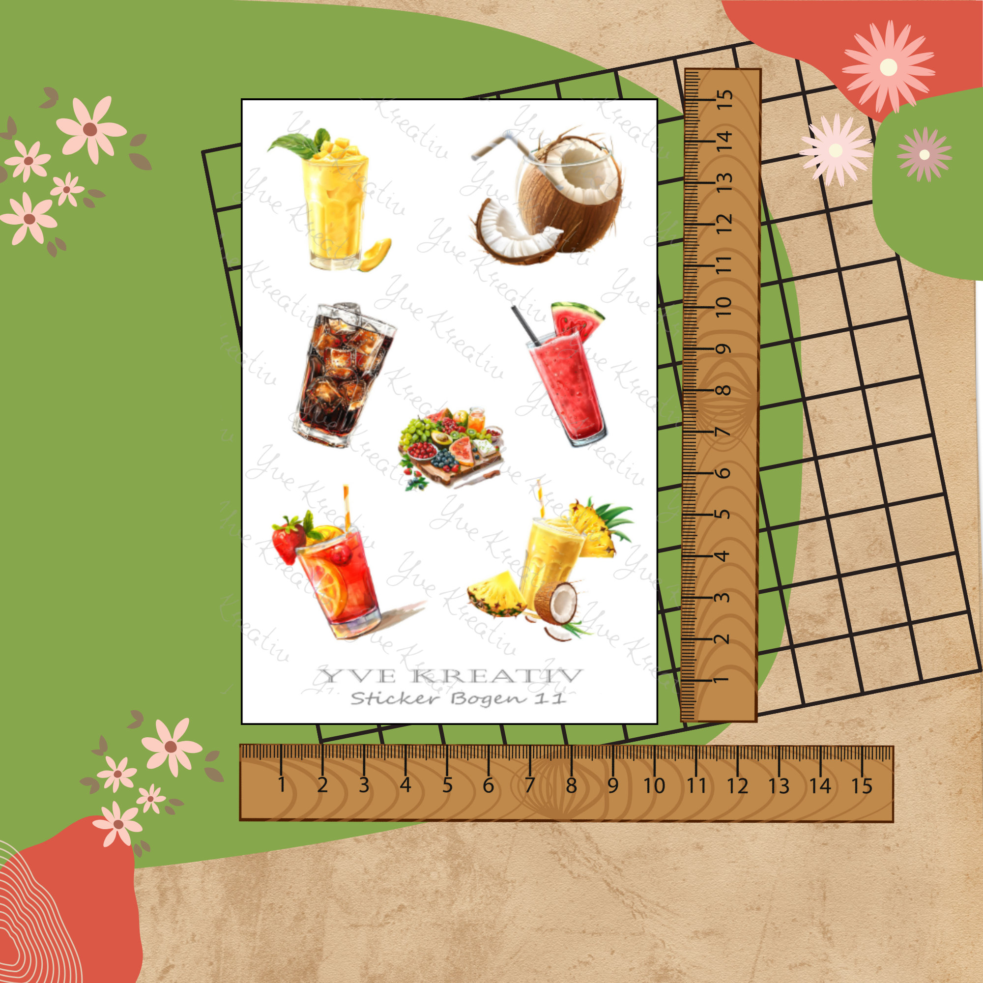 Sticker Bogen " Sommer Cocktail Party " | Sticker Set - Aufkleber 3 Stickerbogen zur Auswahl in Weiß - Transparent - Matt - Glanz  #SBA6