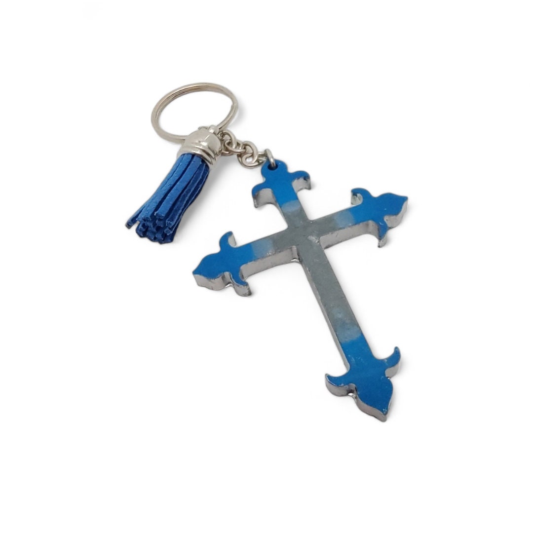 Schlüsselanhänger Kreuz aus Epoxidharz mit einer kleinen Quaste Geschenk Kommunion Konfirmation  #1673905249