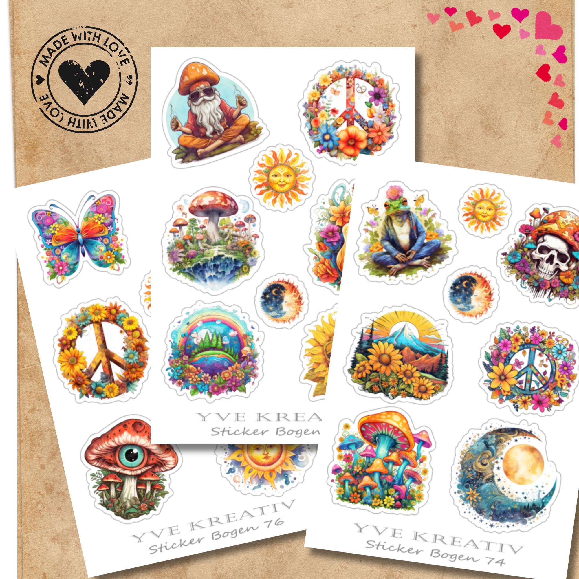 Aufkleber Peace Love Hippie Sticker Bogen Set - 3 Stickerbogen zur Auswahl in Weiß - Transparent - Matt - Glanz #SBA6 Aufkleber Peace Love Hippie Sticker Bogen Set - 3 Stickerbogen zur Auswahl in Weiß - Transparent - Matt - Glanz #SBA6