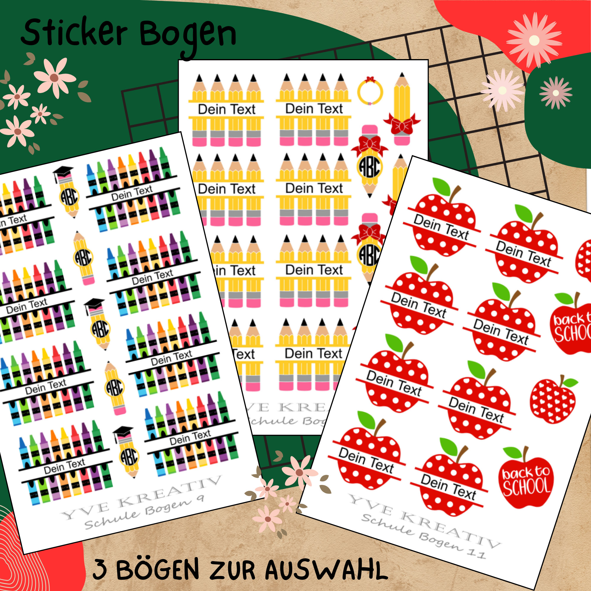 Sticker Bogen " Schule Einschulung " personalisierbar | Set - Aufkleber 3 Stickerbogen zur Auswahl in Weiß - Transparent - Matt - Glanz