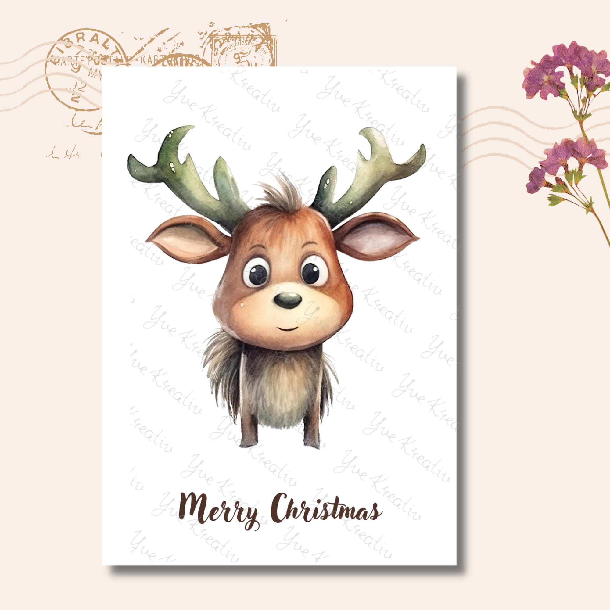 Postkarte, Grußkarte, Weihnachten, Rentier, Weihnachtskarte, Geschenkkarte I MIT oder OHNE Text "Merry Christmas"  #PLS