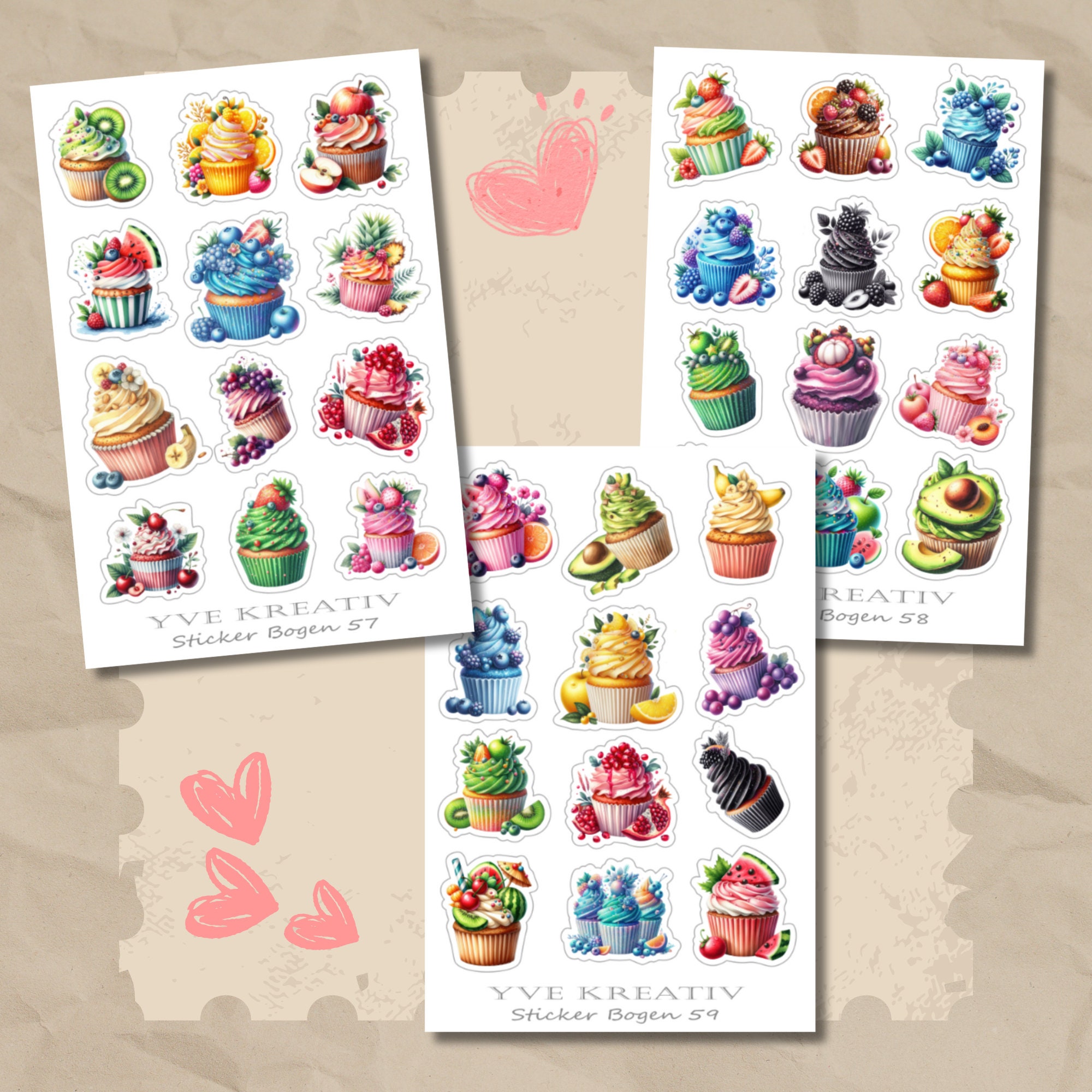 Sticker Bogen, Aufkleber, Cupcake, Muffin | Sticker Set - 3 Stickerbogen zur Auswahl in Weiß - Transparent - Matt - Glanz  #SBA6