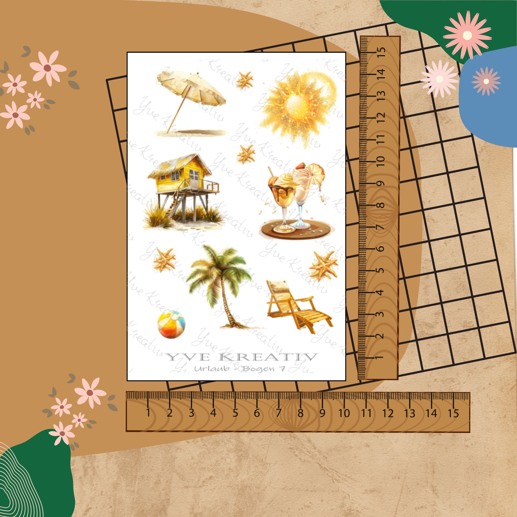 Sticker Bogen " Urlaub Insel Strand Palmen Sand " | Sticker Set - Aufkleber 3 Stickerbogen zur Auswahl in Weiß - Transparent - Matt - Glanz