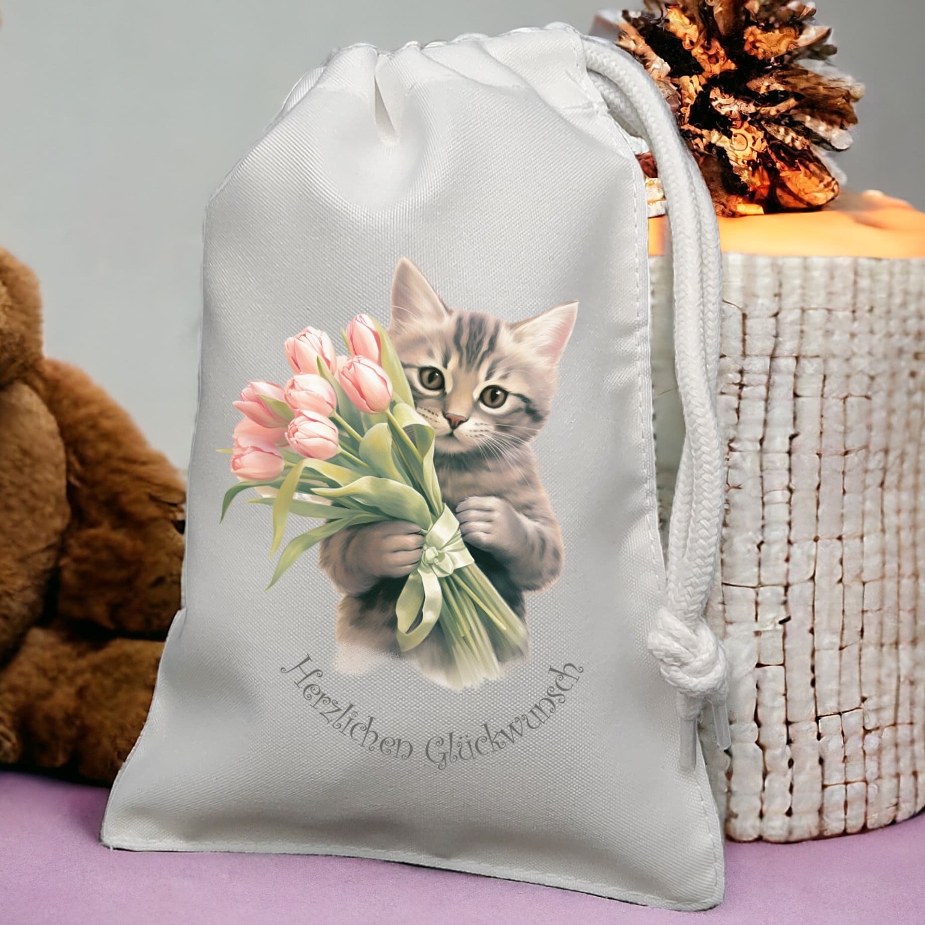 Geschenksäckchen beidseitig bedruckt, Tulpen Katze, Geschenkbeutel, Stofftasche, Stoffbeutel, Verpackung, Geschenkverpackung  #GSSUB