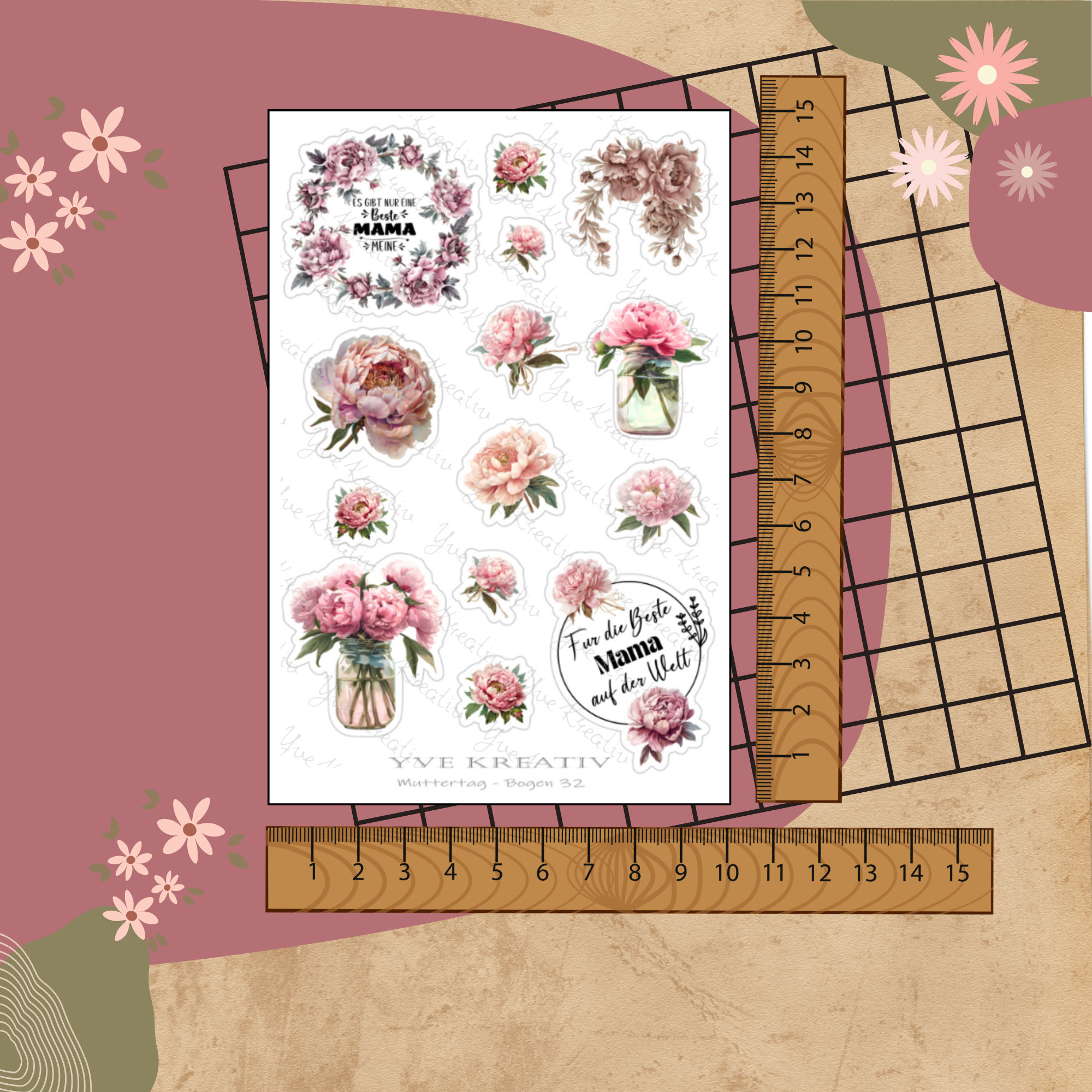 Sticker Aufkleber " Muttertag Nostalgie Pfingstrose " | Sticker Set - 3 Stickerbogen zur Auswahl in Weiß - Transparent - Matt - Glanz #SBA6