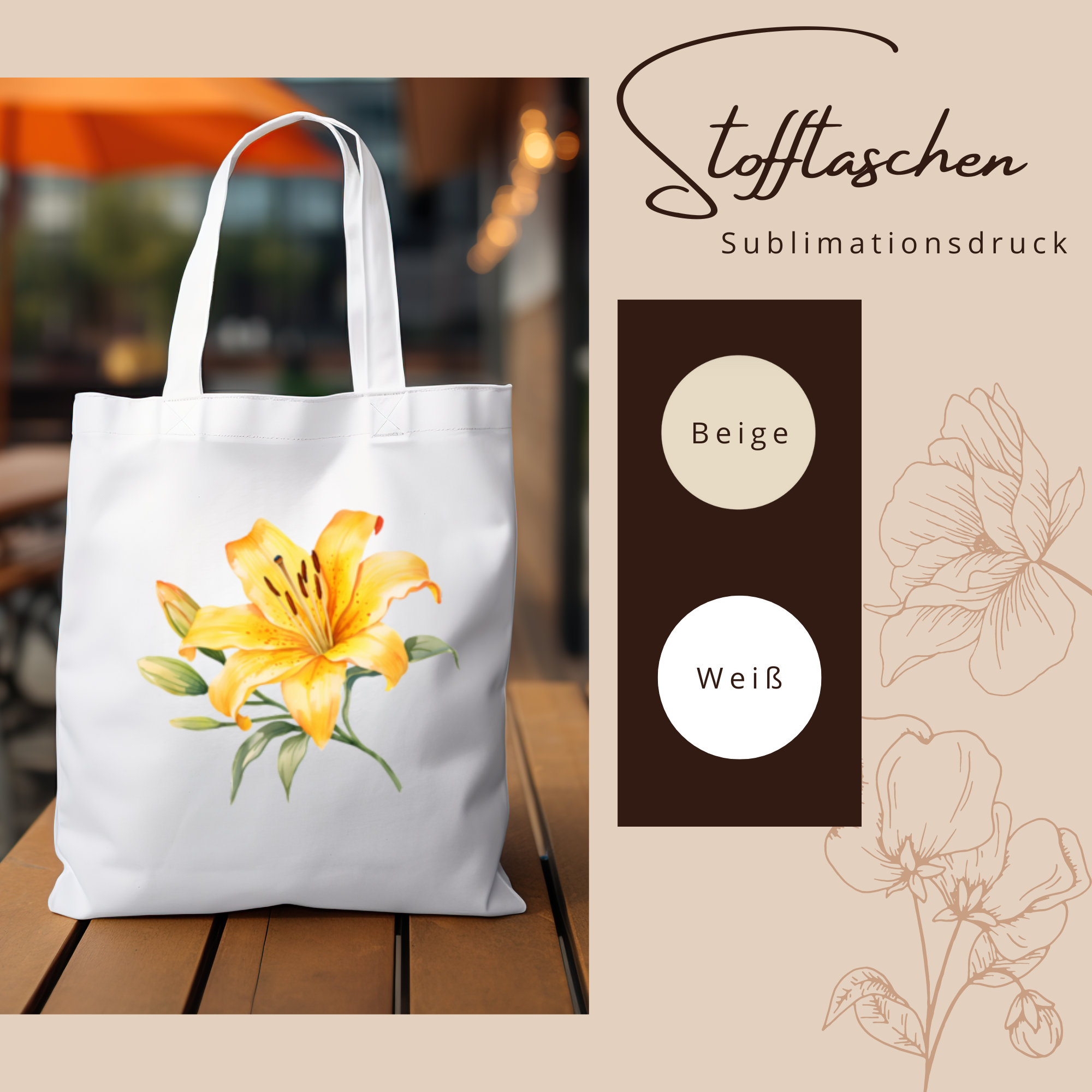 Stofftasche, Stoffbeutel, Einkaufstasche, Tasche, Geschenk zum Muttertag, Geburtstag in Weiß oder Beige "Lilie Blüte Gelb"