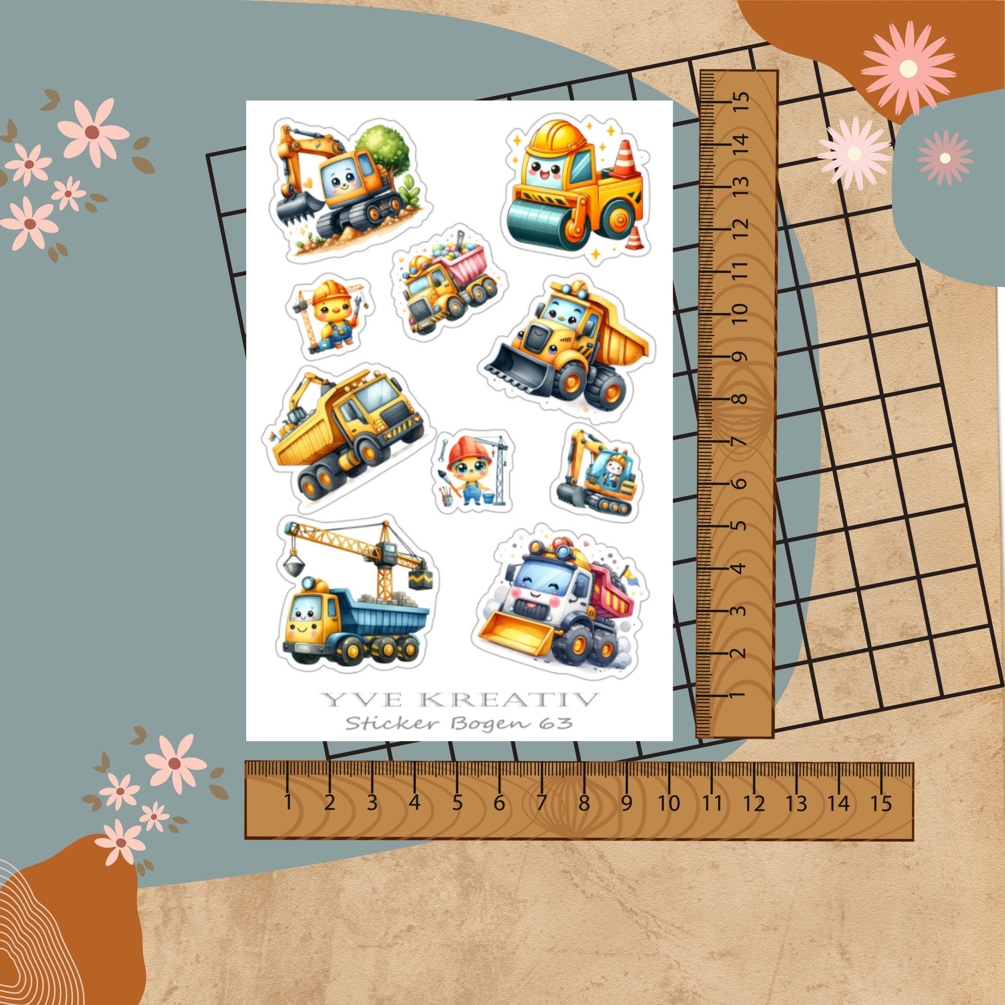 Stickerbogen, Aufkleber, Bagger, Baggerführer, Baustelle, Sticker Set 3 Stickerbogen zur Auswahl in Weiß - Transparent - Matt - Glanz  #SBA6