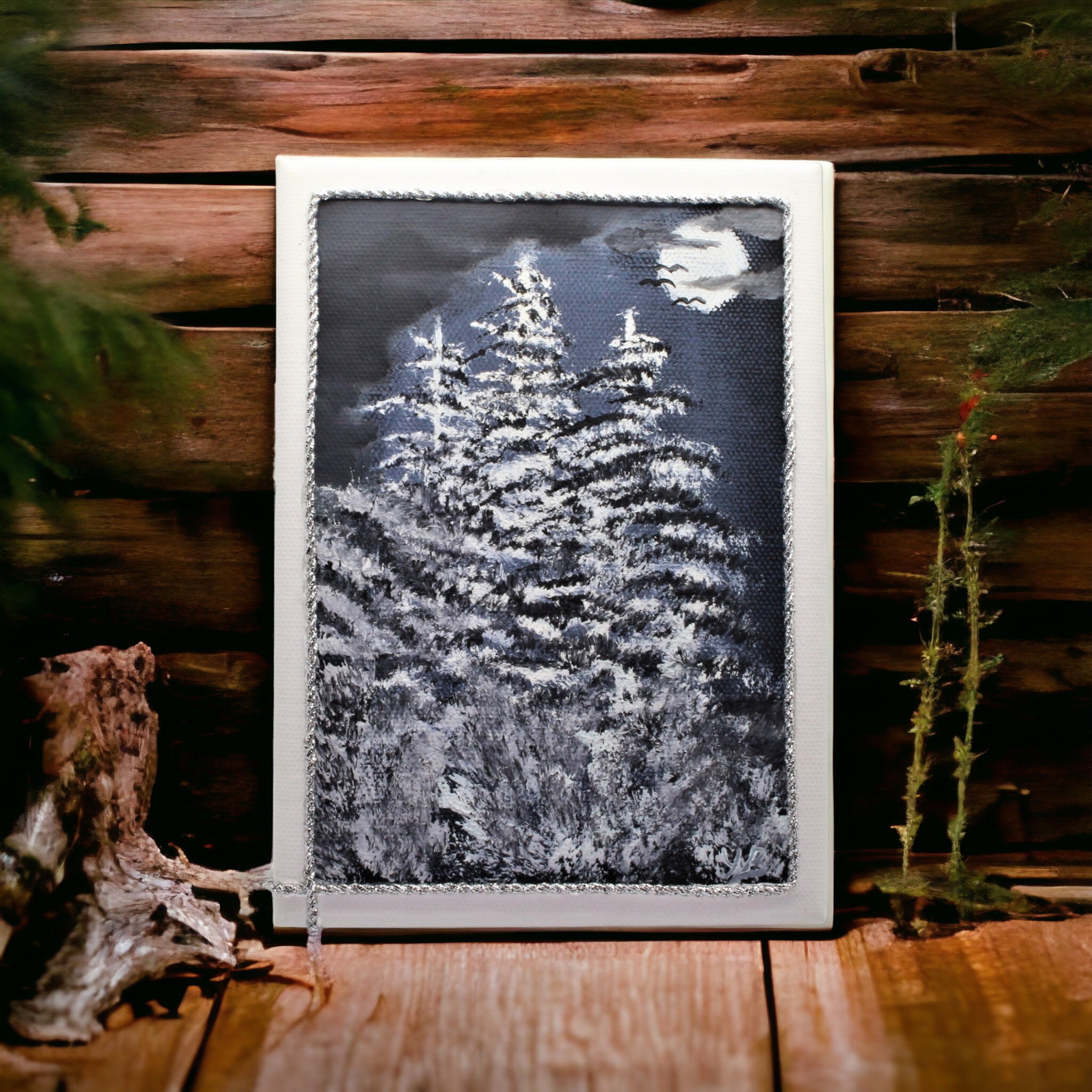 Kleines Ölbild 13cm x 18cm auf Leinwand - Keilrahmen „Vollmondnacht im Wald“ Handgemalt Einzelstück - Schwarz / Weiß  #699120994