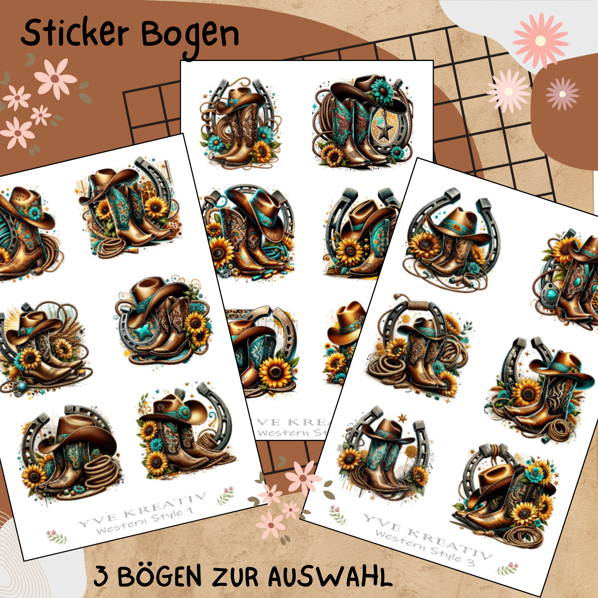 Sticker Bogen "Western Boots Stiefel" | Sticker Set - Aufkleber 3 Stickerbogen zur Auswahl in Weiß - Transparent - Matt - Glanz #SBA6