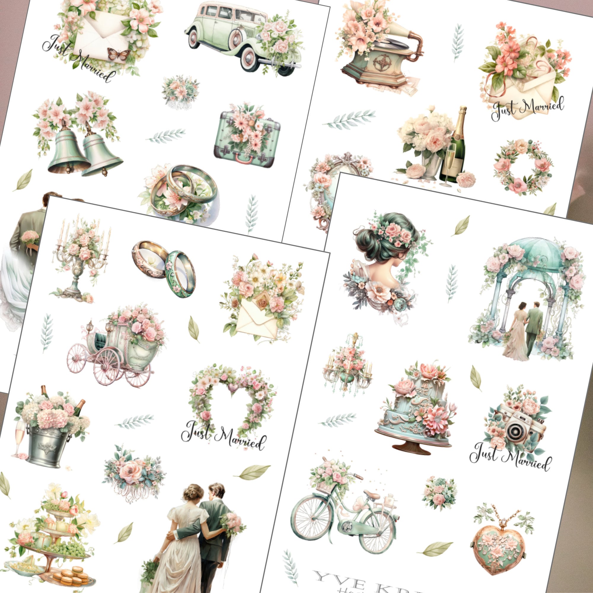 Sticker Bogen - Hochzeit Braut | Sticker Set - Journal Sticker - Aufkleber 4 Bögen zur Auswahl in Weiß oder Transparent