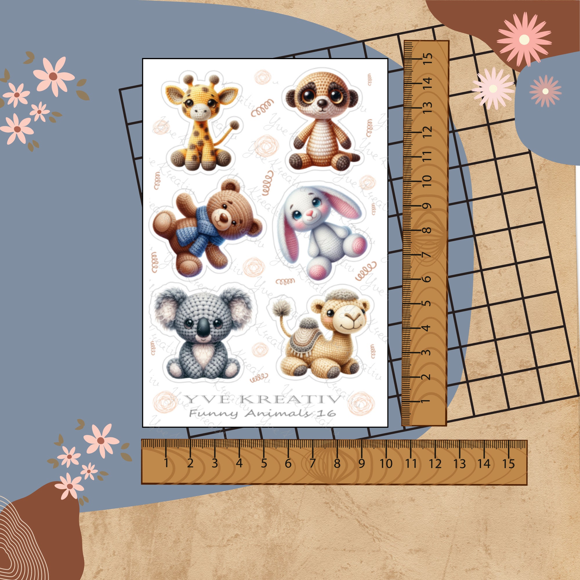 Aufkleber, Sticker Bogen, Häkeltiere, Funny Animals, Sticker Set - 2 Stickerbogen zur Auswahl in Weiß - Transparent - Matt - Glanz#SBA6
