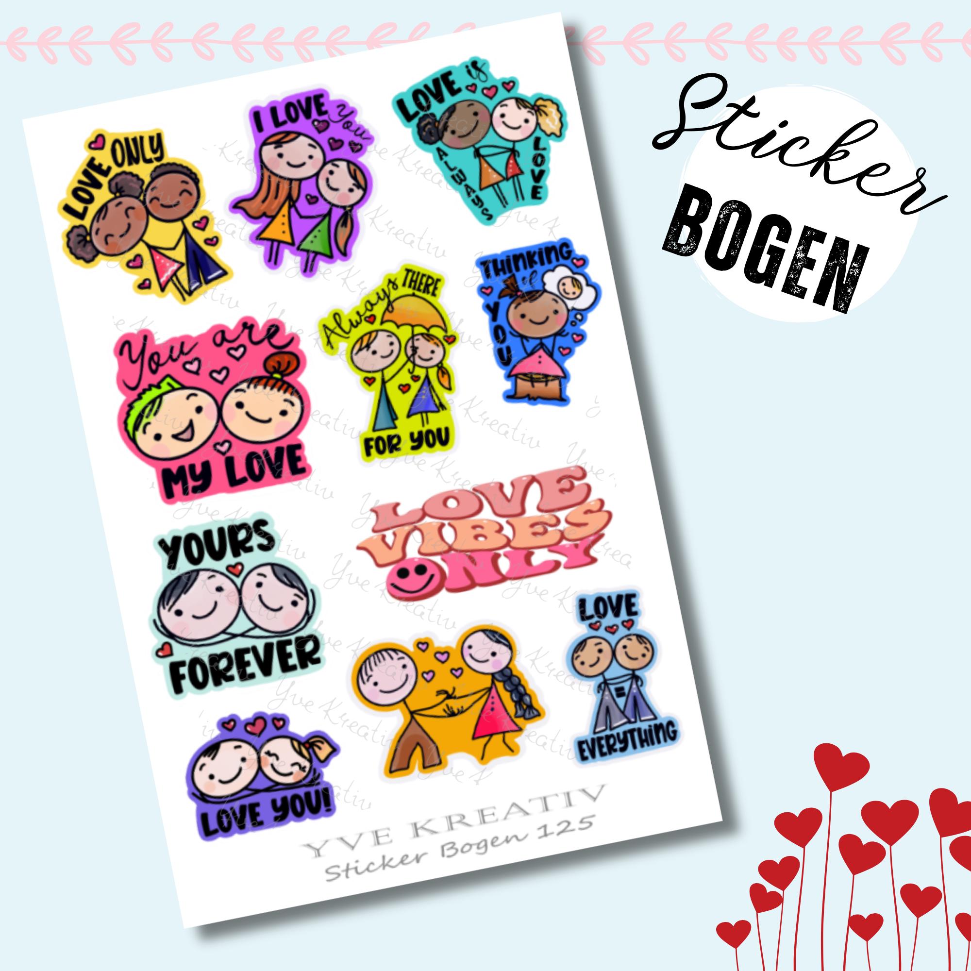 Aufkleber Bogen, Sticker, Love Valentinstag Freundschaft, Stickerbogen zur Auswahl in Weiß - Transparent - Matt - Glanz  #SBA6