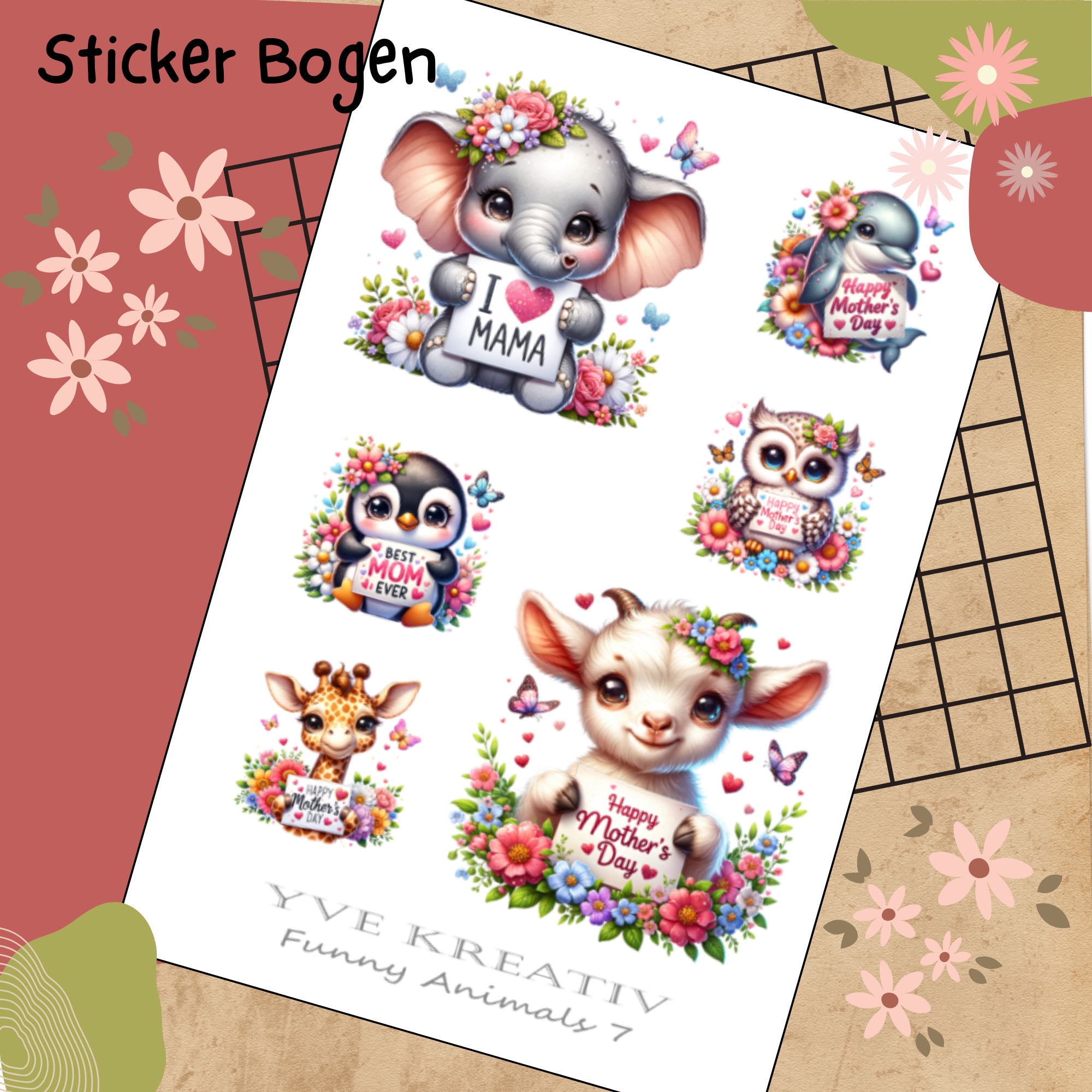Sticker Bogen "Niedliche Tiere zum Muttertag" | Sticker Set - Aufkleber Stickerbogen zur Auswahl in Weiß - Transparent - Matt - Glanz