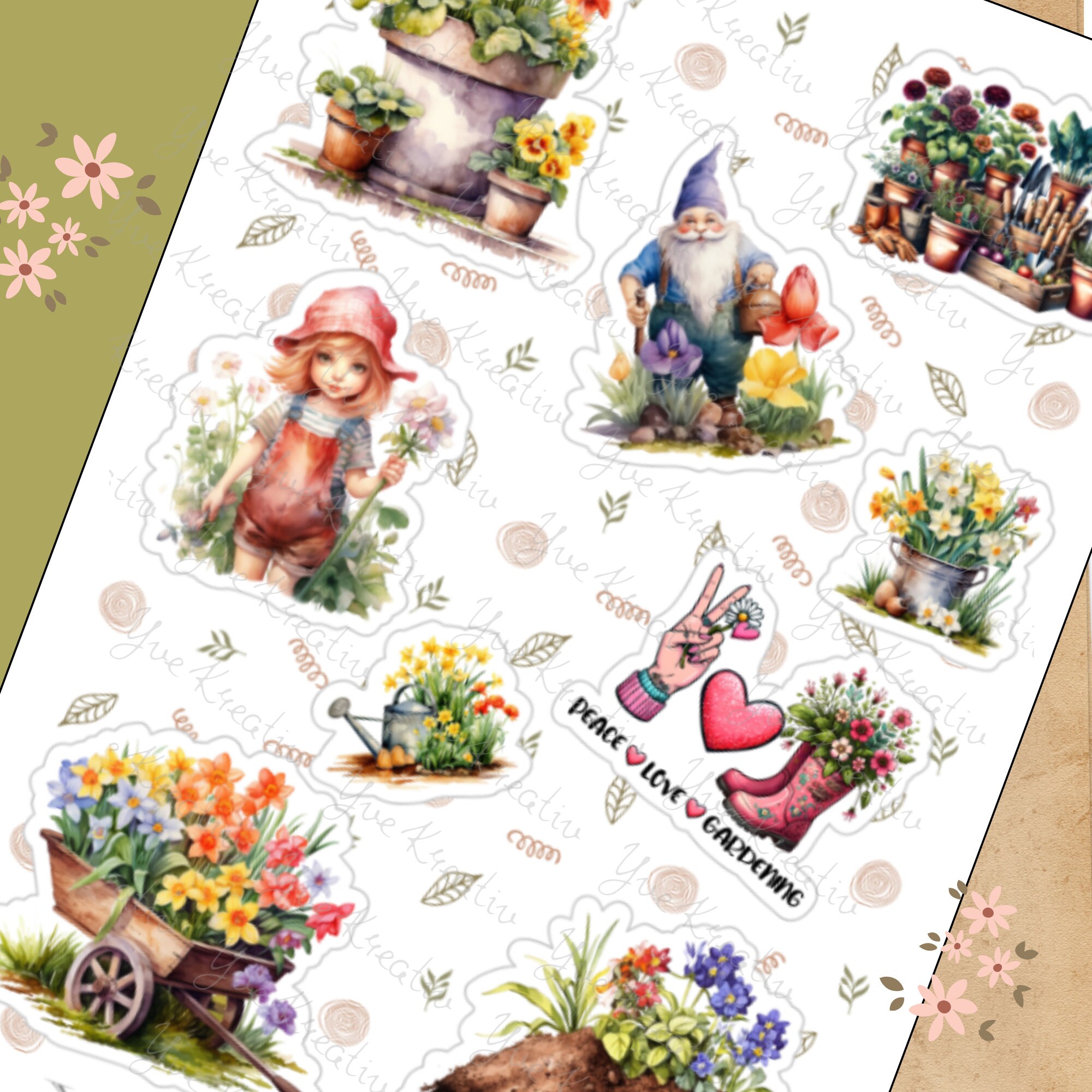 Sticker Bogen " Pflanzen Garten Frühling " | 9 Aufkleber Sticker Set Stickerbogen  -  Weiß - Transparent - Matt - Glanz