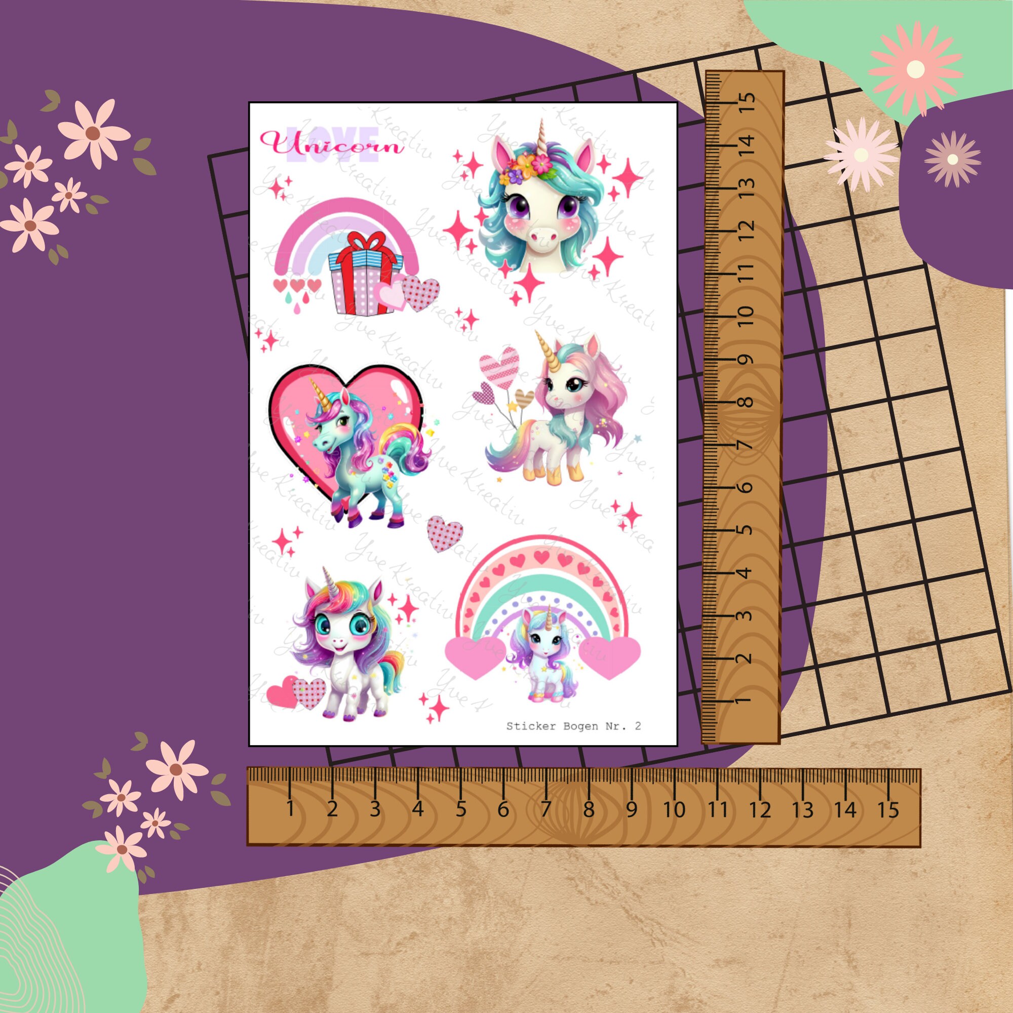 Sticker Bogen " Einhorn - Unicorn Love " | Sticker Set - Aufkleber 2 Stickerbogen zur Auswahl in Weiß - Transparent - Matt - Glanz