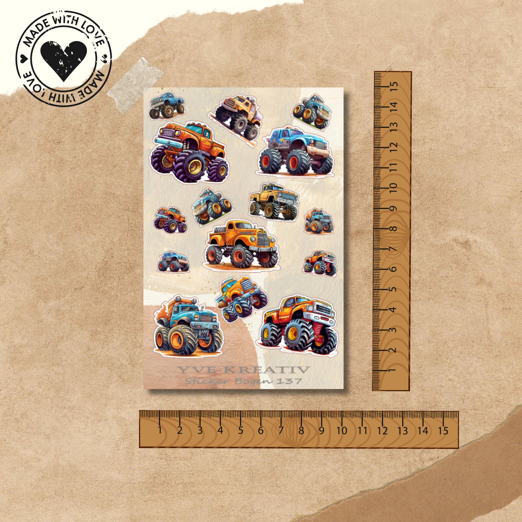 Aufkleber Bogen  " Monstertruck " | Sticker Set - Aufkleber 3 Stickerbogen zur Auswahl in Weiß - Transparent - Matt - Glanz  #SBA6