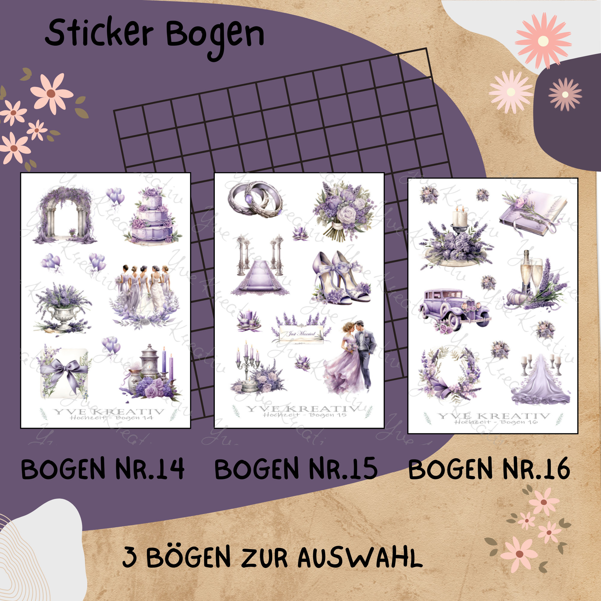 Sticker Bogen "Lavendel Hochzeit" | Sticker Set - Aufkleber 3 Stickerbogen zur Auswahl in Weiß - Transparent - Matt - Glanz  #SBA6